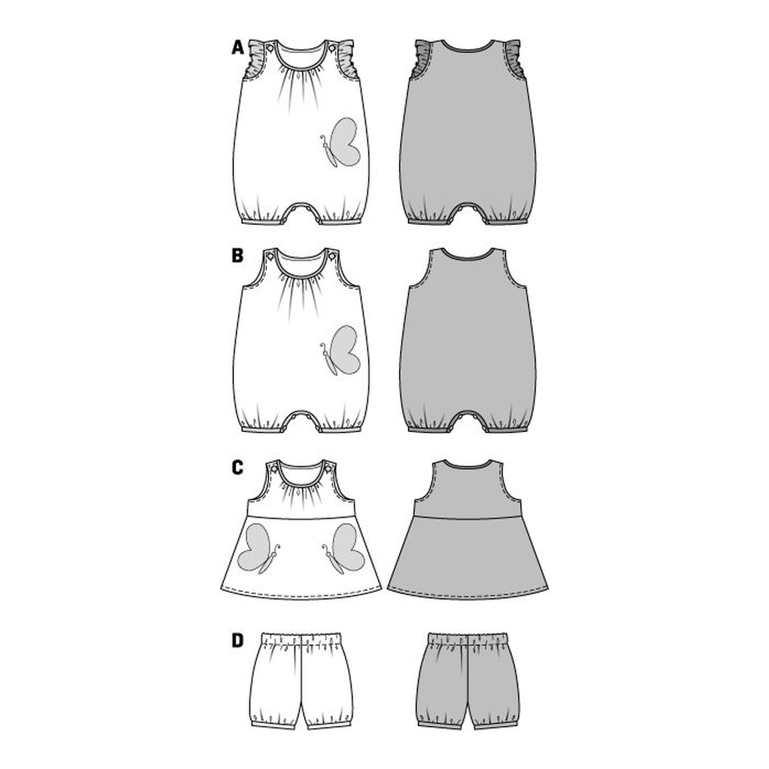 burda style Schnittmuster 9462: Babyoverall, Kleid und Pumphöschen, Technische Zeichnung