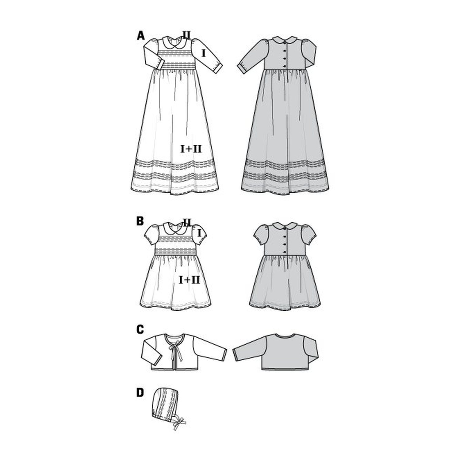 burda style Schnittmuster 9804: Taufkleid mit Bolerojäckchen, Technische Zeichnung