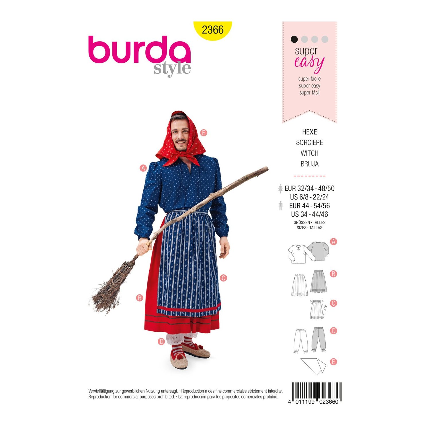 burda style Schnittmuster 2366: Hexenkostüm für Damen und Herren, Vorderseite der Schnittmustertüte
