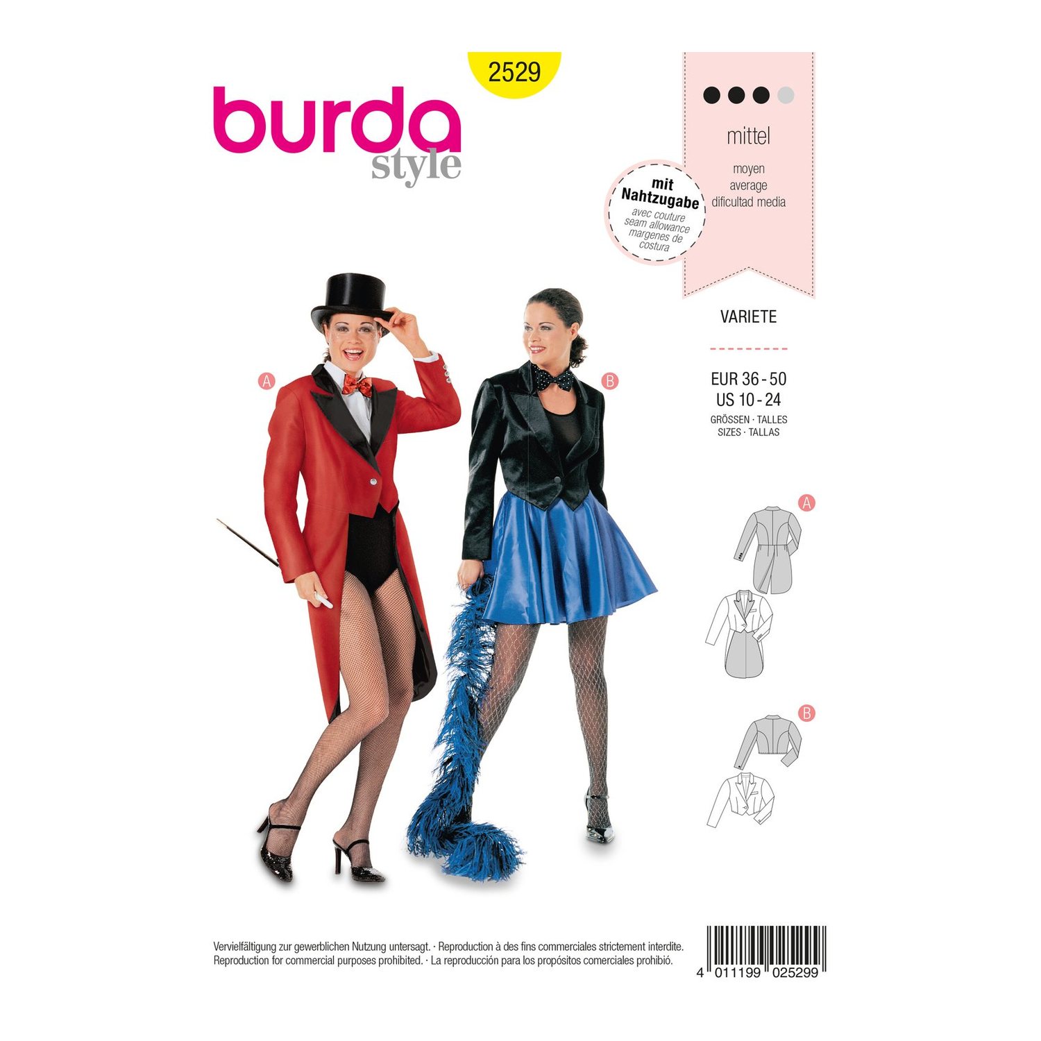 burda style Schnittmuster 2529: Varieté-Jacken für Damen, Vorderseite der Schnittmustertüte