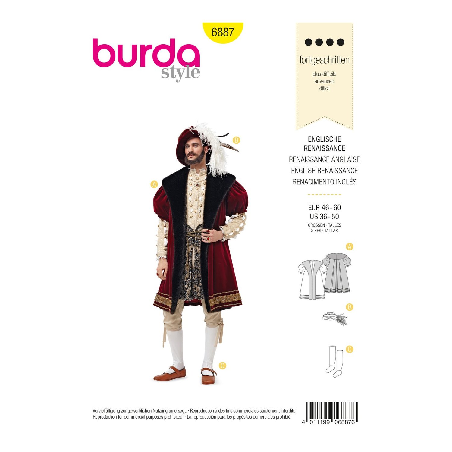burda style Schnittmuster 6887: Renaissance-Mantel mit Hut, Vorderseite der Schnittmustertüte