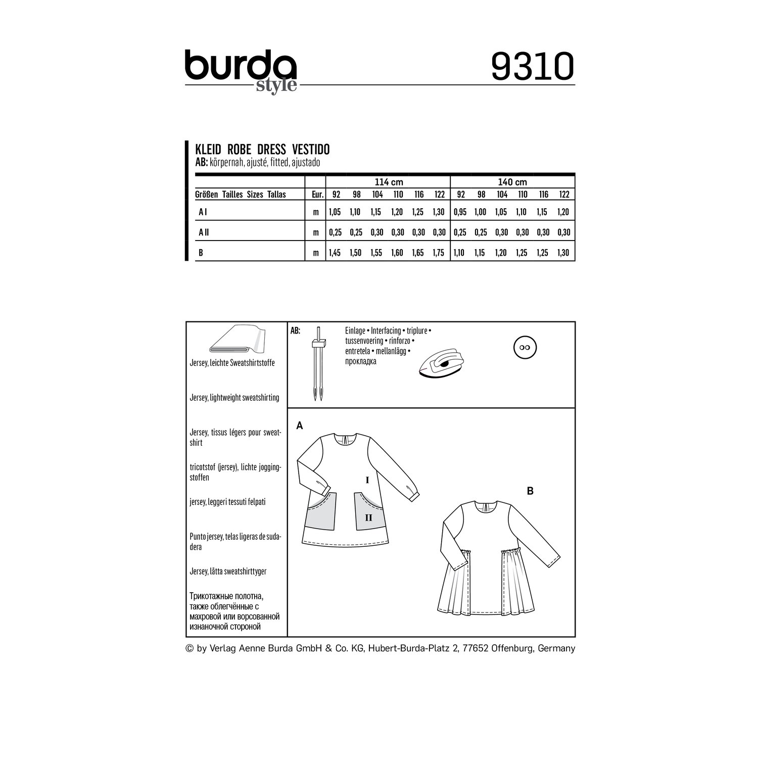 burda style Schnittmuster 9310: Kinderkleid mit Überrock, Rückseite der Schnittmustertüte mit Stoffverbrauch