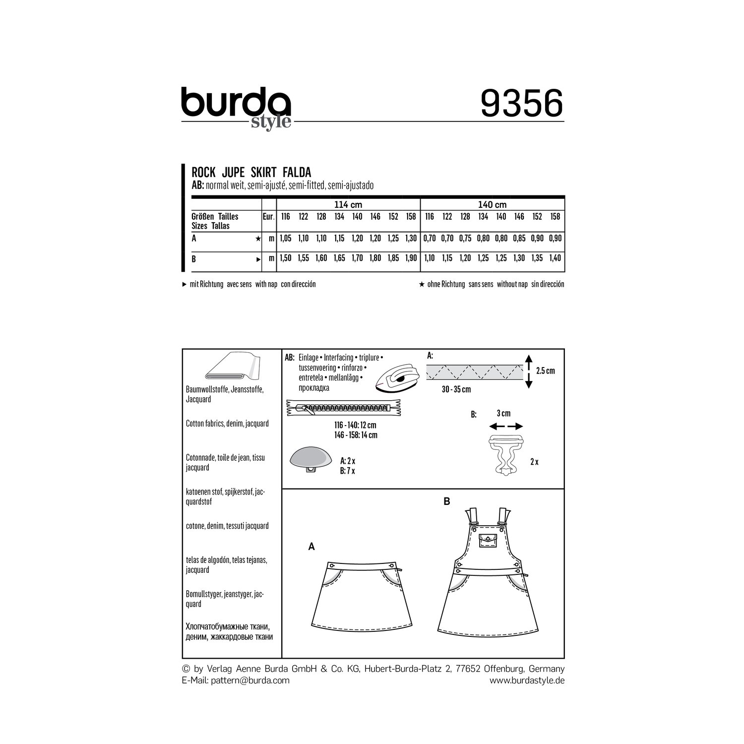 burda style Schnittmuster 9356: Ausgestellter Rock und Latzrock, Rückseite der Schnittmustertüte mit Stoffverbrauch
