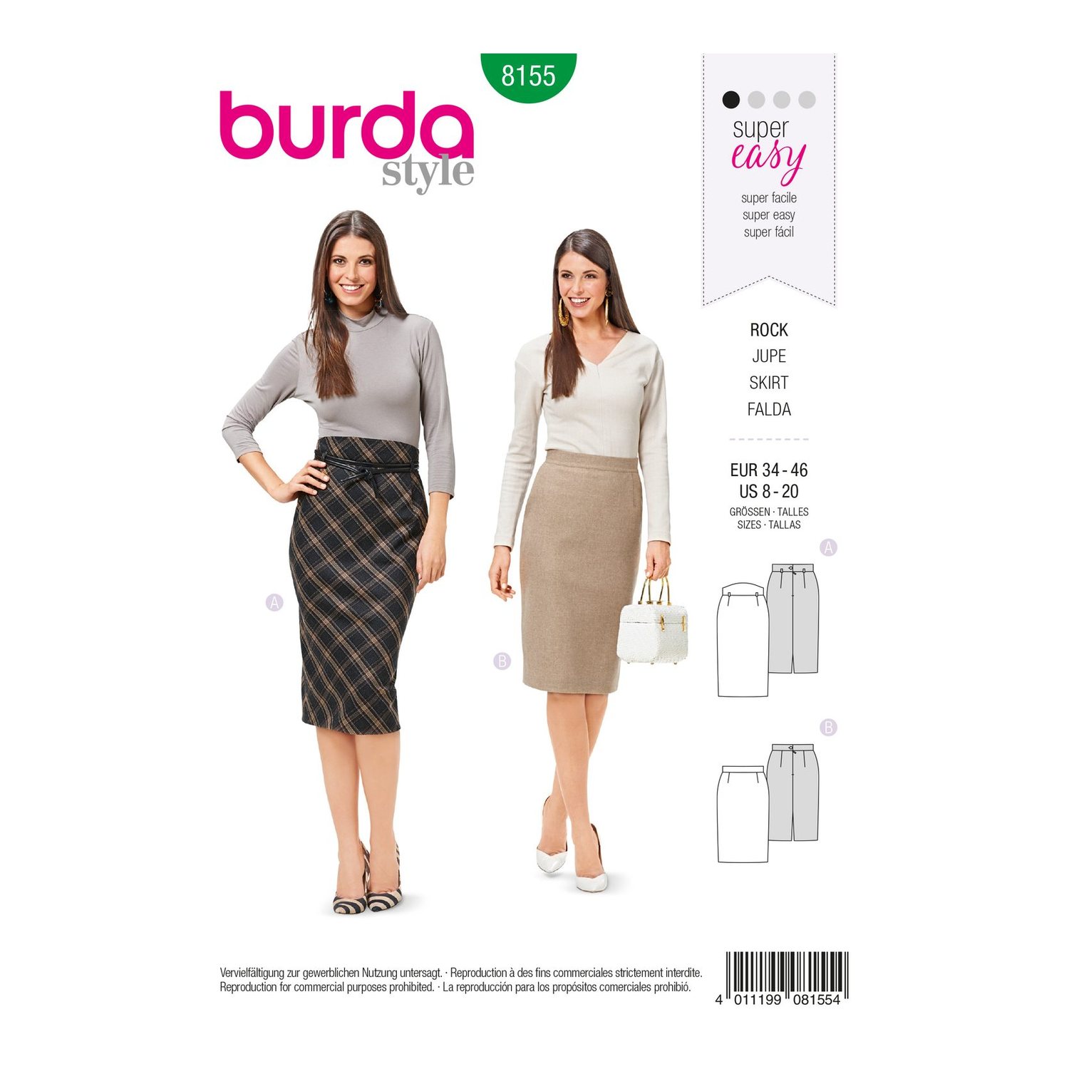 burda style Schnittmuster 8155: Klassischer Bleistiftrock, Vorderseite der Schnittmustertüte