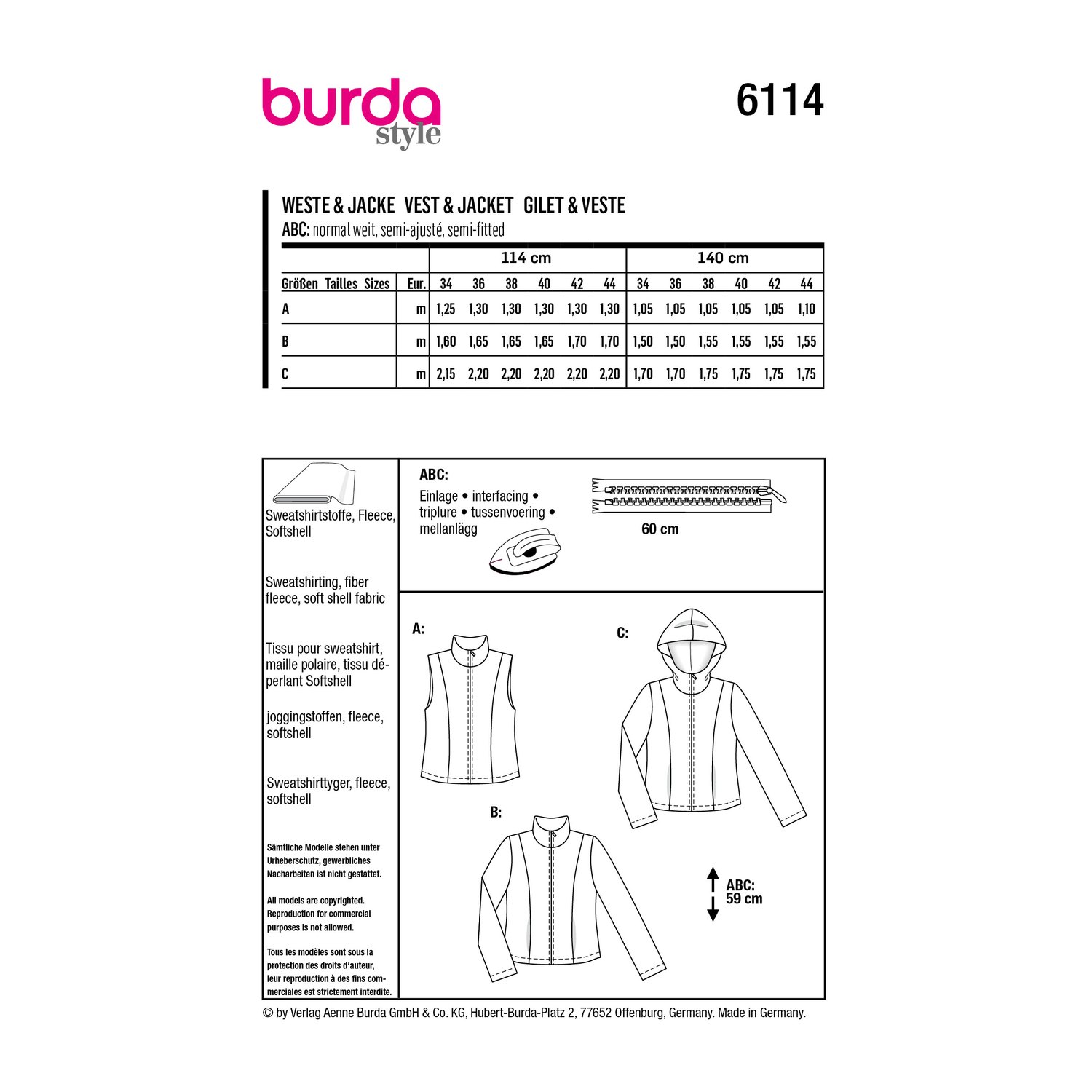 burda style Schnittmuster 6114: Weste und Jacke mit Reißverschluss, Rückseite der Schnittmustertüte mit Stoffverbrauch