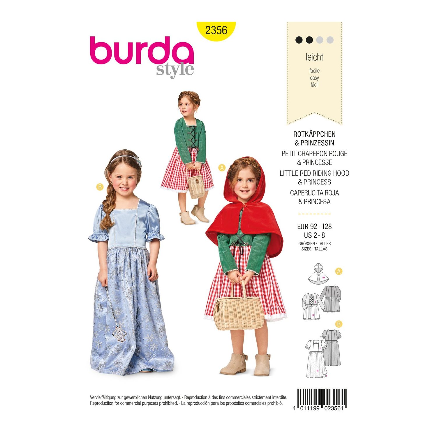 burda style Schnittmuster 2356: Kostüme Rotkäppchen und Prinzessin, Vorderseite der Schnittmustertüte