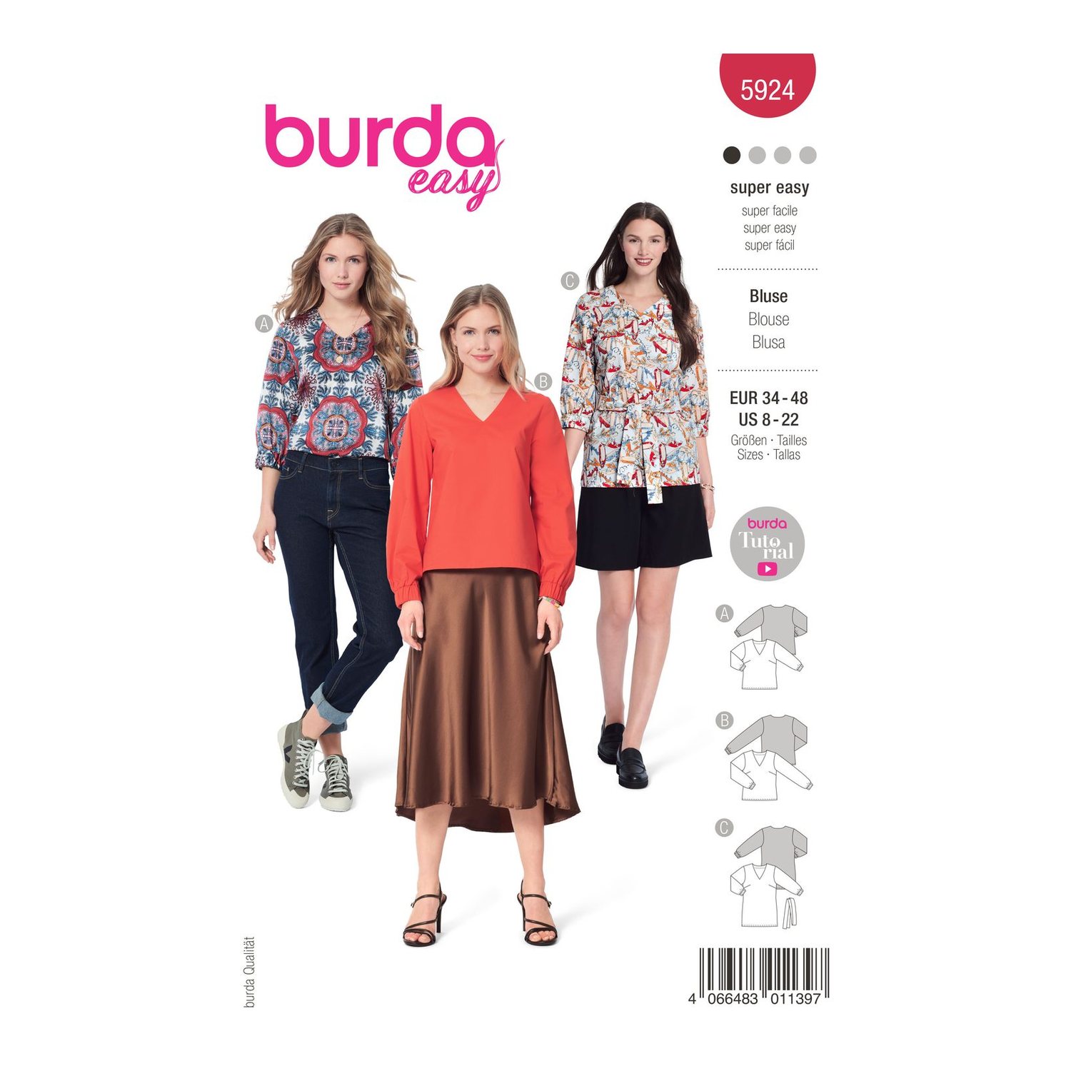 burda style Schnittmuster 5924: Bluse mit V-Ausschnitt, Modellfoto 1