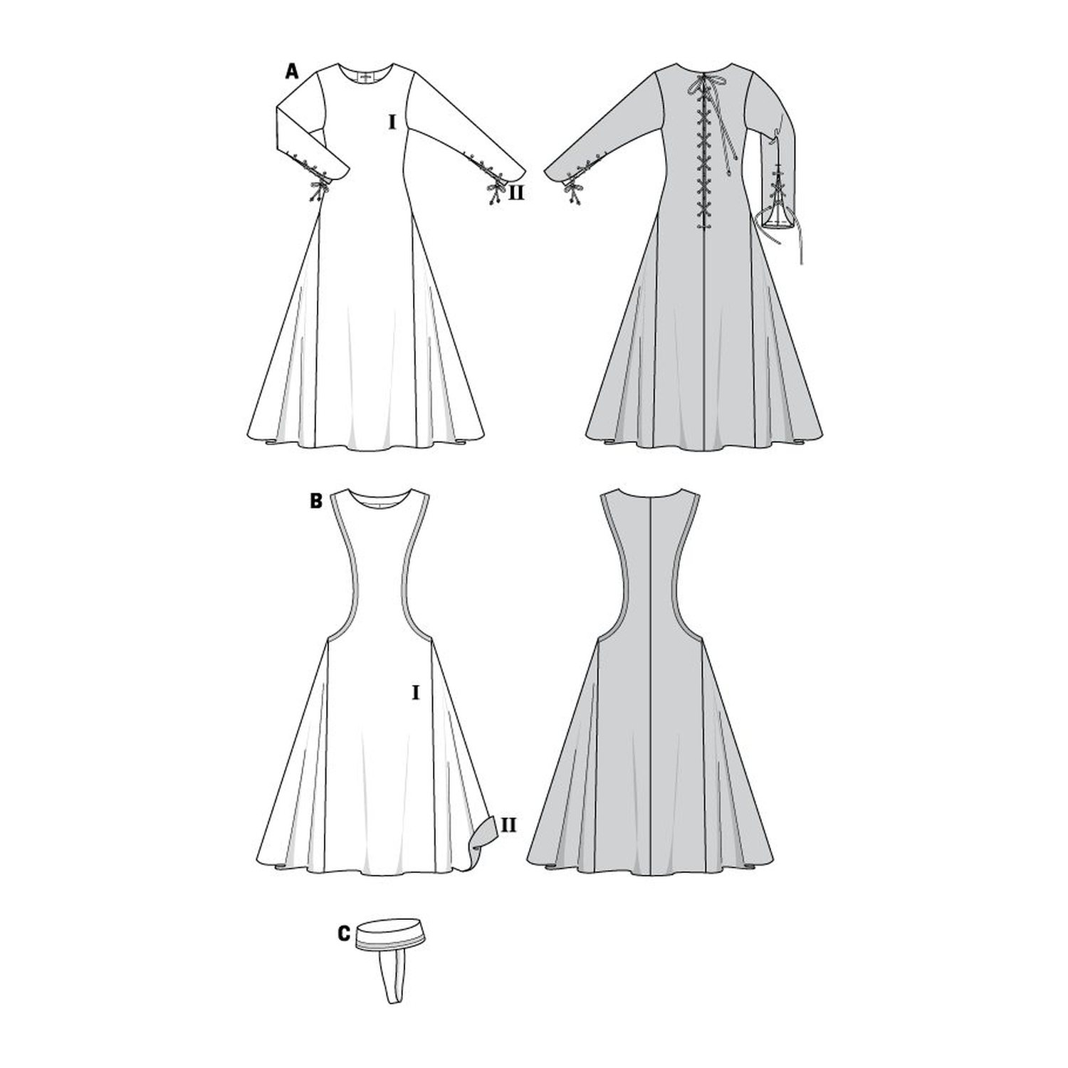 burda style Schnittmuster 7977: Mittelalterkleid mit Kappe, Technische Zeichnung