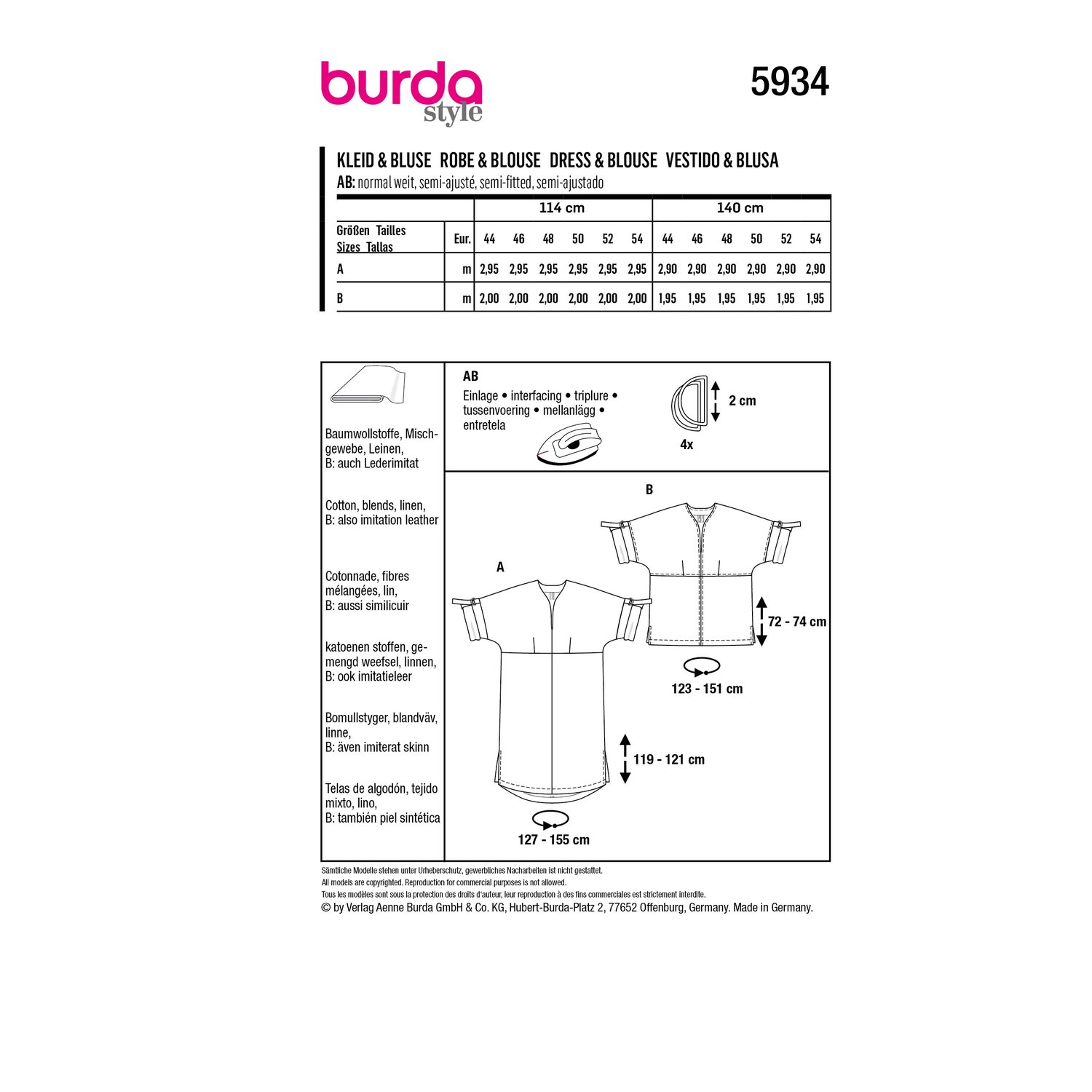 burda style Schnittmuster 5934: Kleid und Bluse mit Krempelärmeln, Rückseite der Schnittmustertüte mit Stoffverbrauch