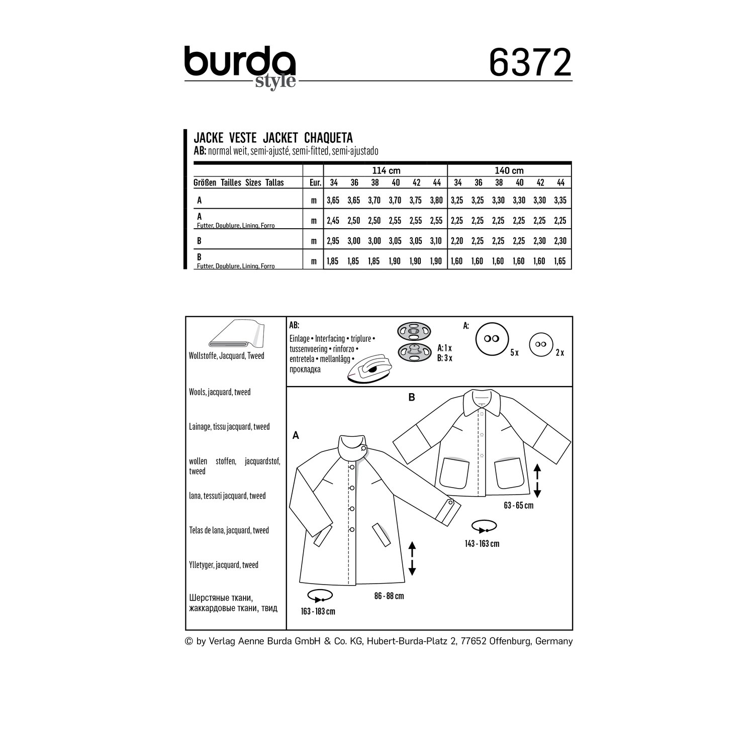 burda style Schnittmuster 6372: Kurzmantel und Jacke mit Raglanärmeln, Rückseite der Schnittmustertüte mit Stoffverbrauch