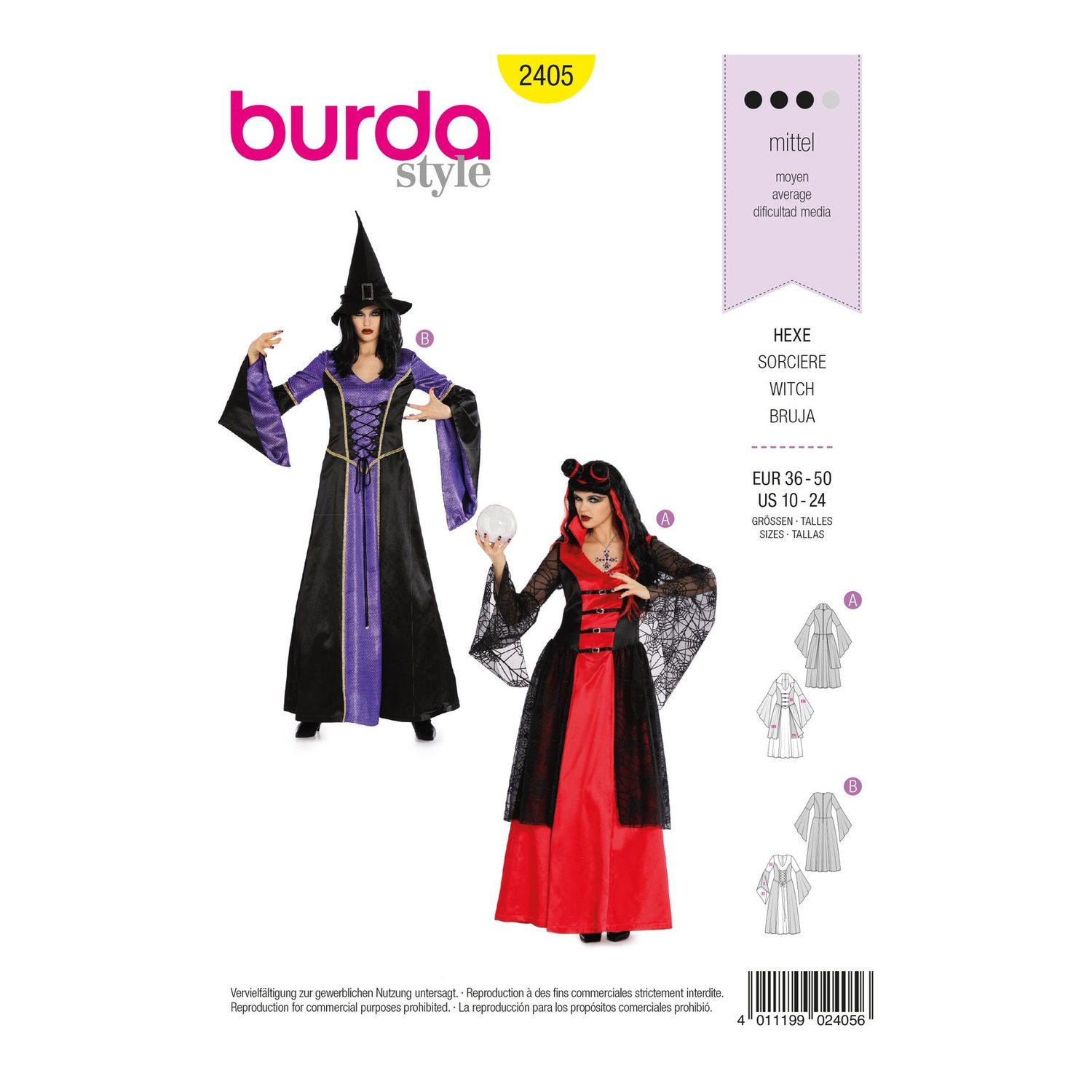 burda style Schnittmuster 2405: Kleider für Hexe und Wahrsagerin, Vorderseite der Schnittmustertüte