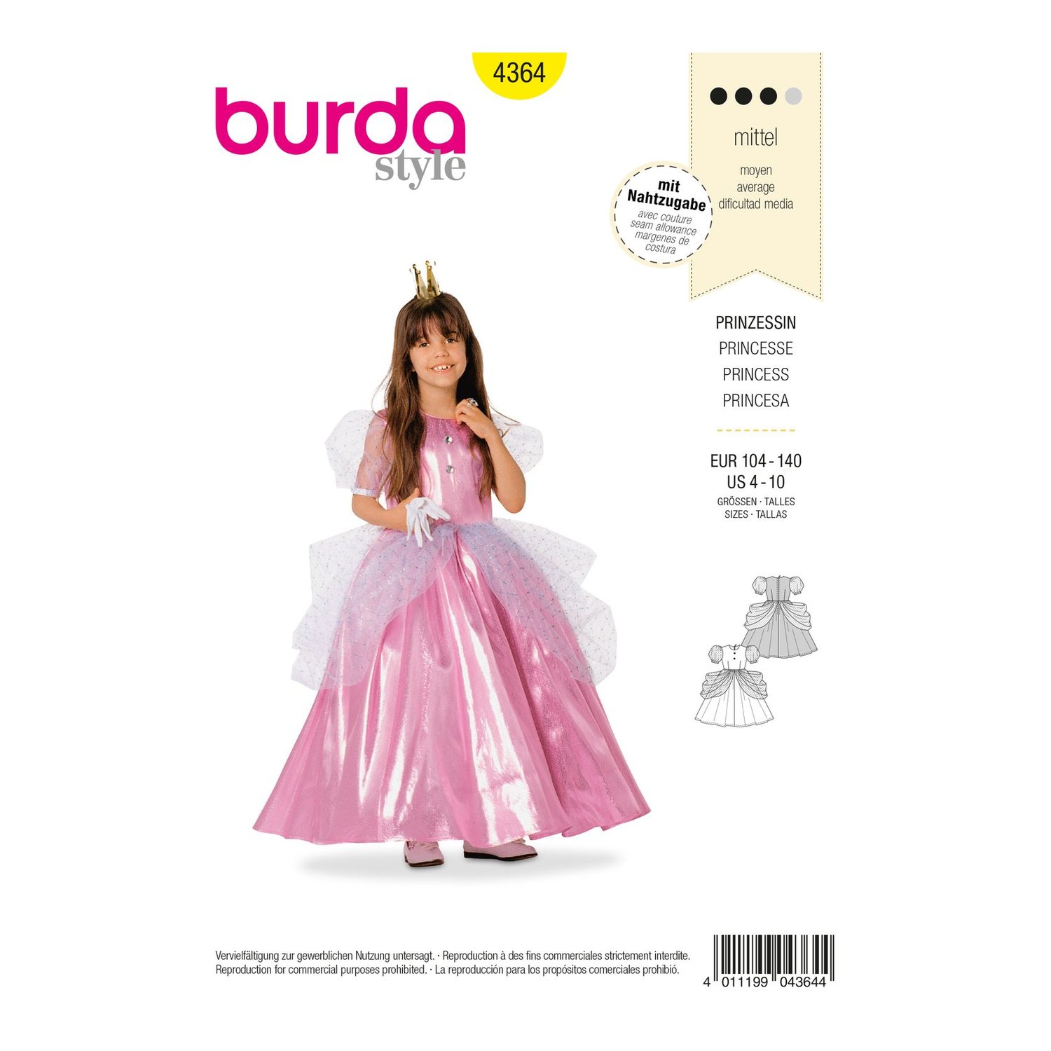 burda style Schnittmuster 4364: Prinzessinnenkleid für Mädchen, Vorderseite der Schnittmustertüte