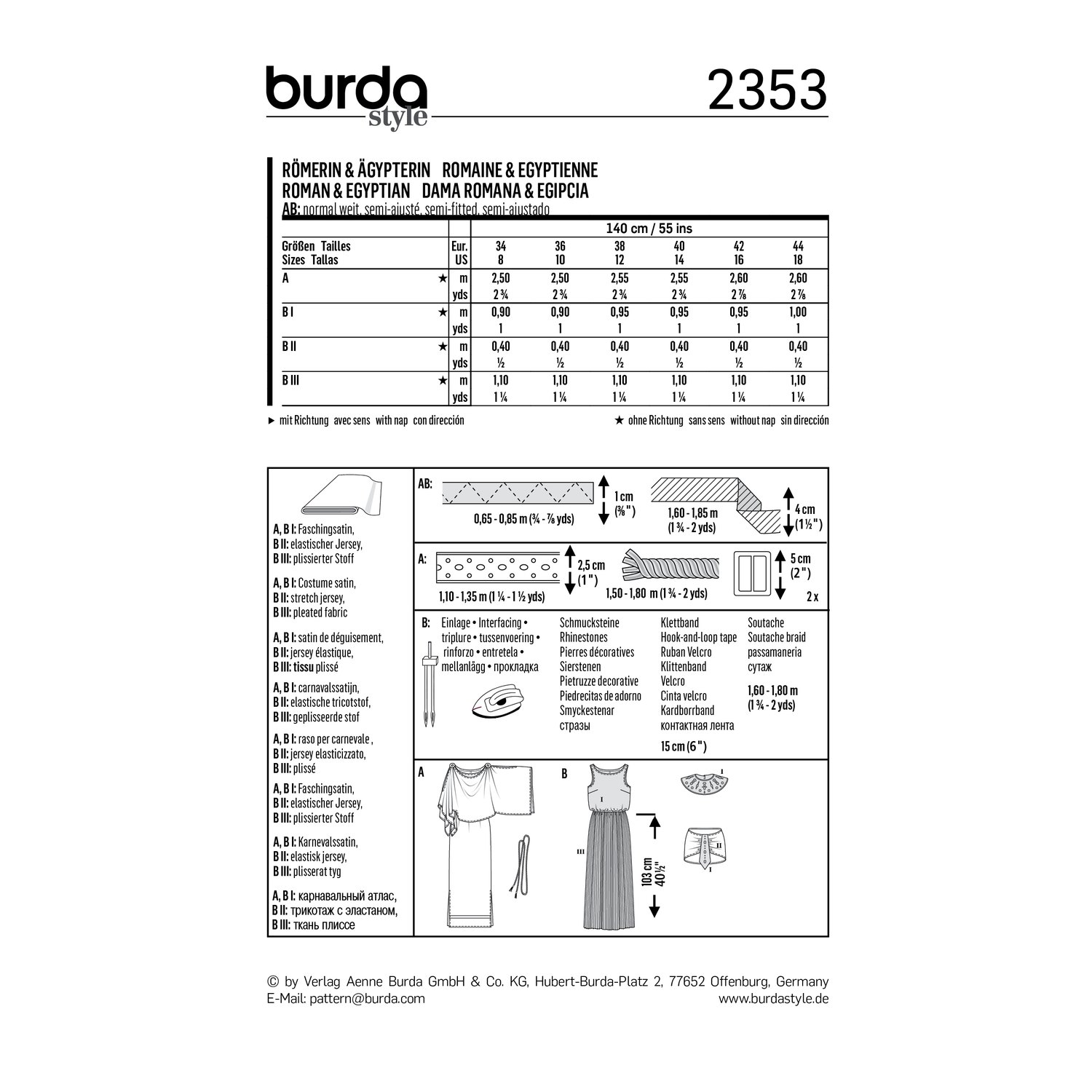 burda style Schnittmuster 2353: Kostüme Römerin und Ägypterin, Rückseite der Schnittmustertüte mit Stoffverbrauch