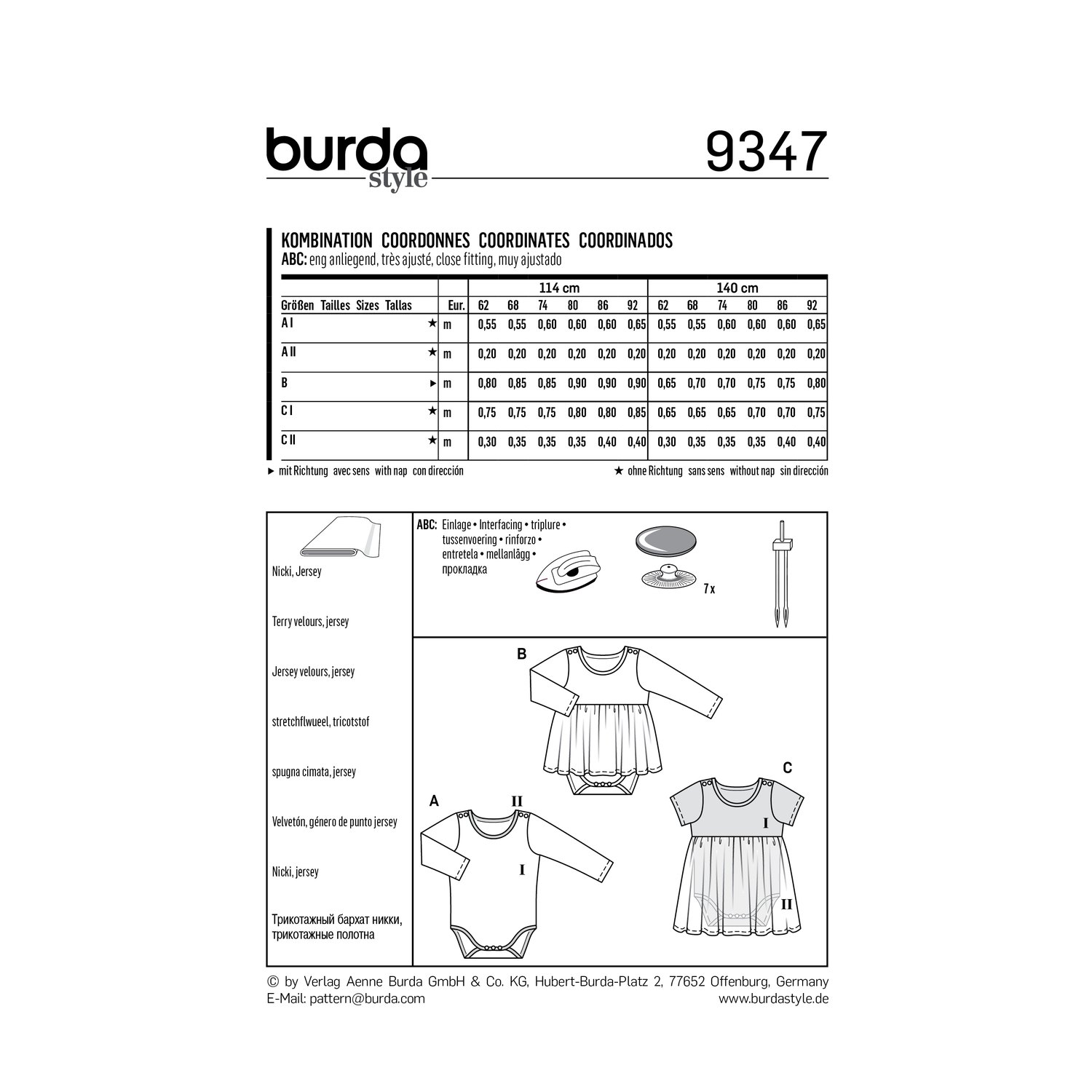 burda style Schnittmuster 9347: Babybody mit Rockteil, Rückseite der Schnittmustertüte mit Stoffverbrauch