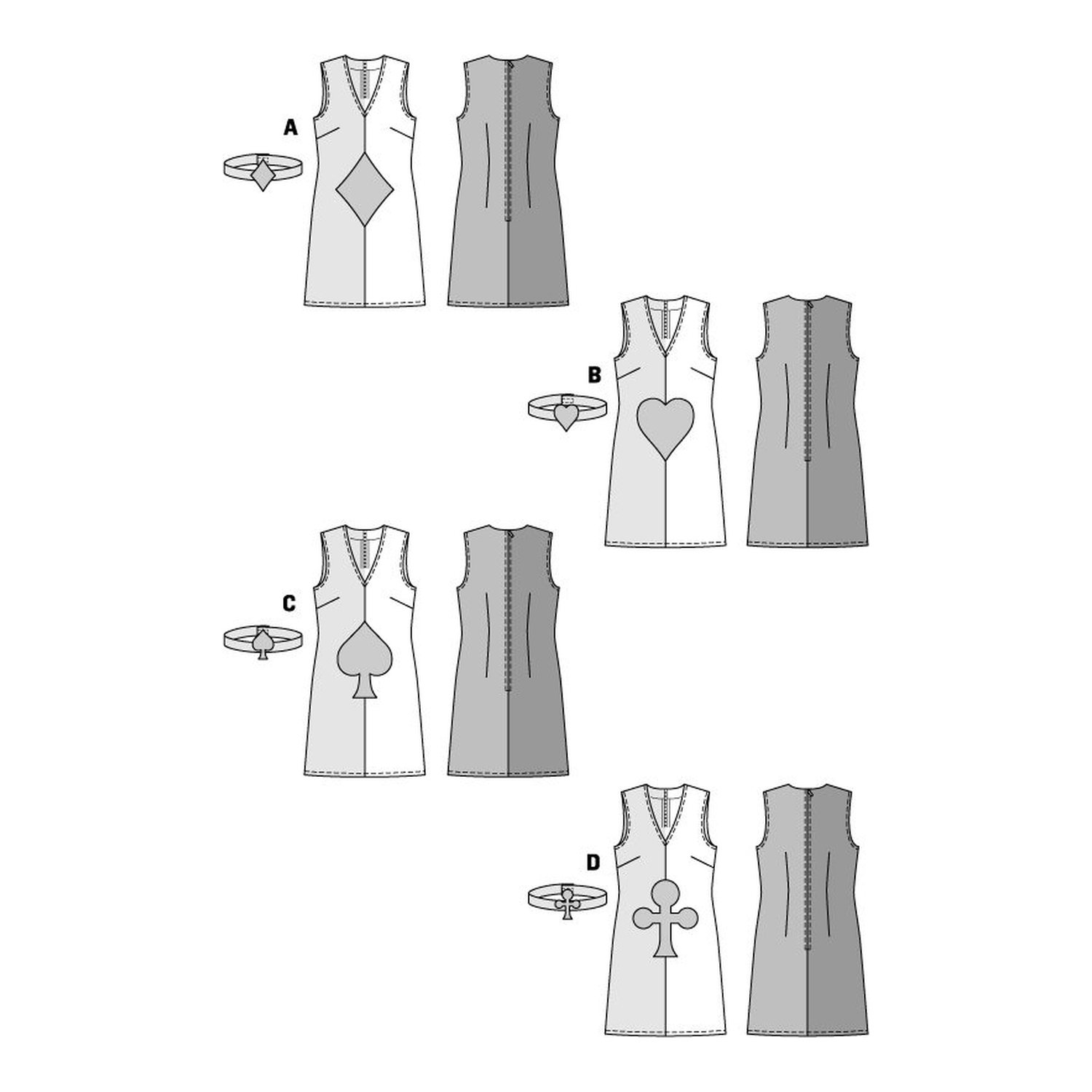burda style Schnittmuster 2383: Spielkarten-Kleid mit Stirnband, Technische Zeichnung