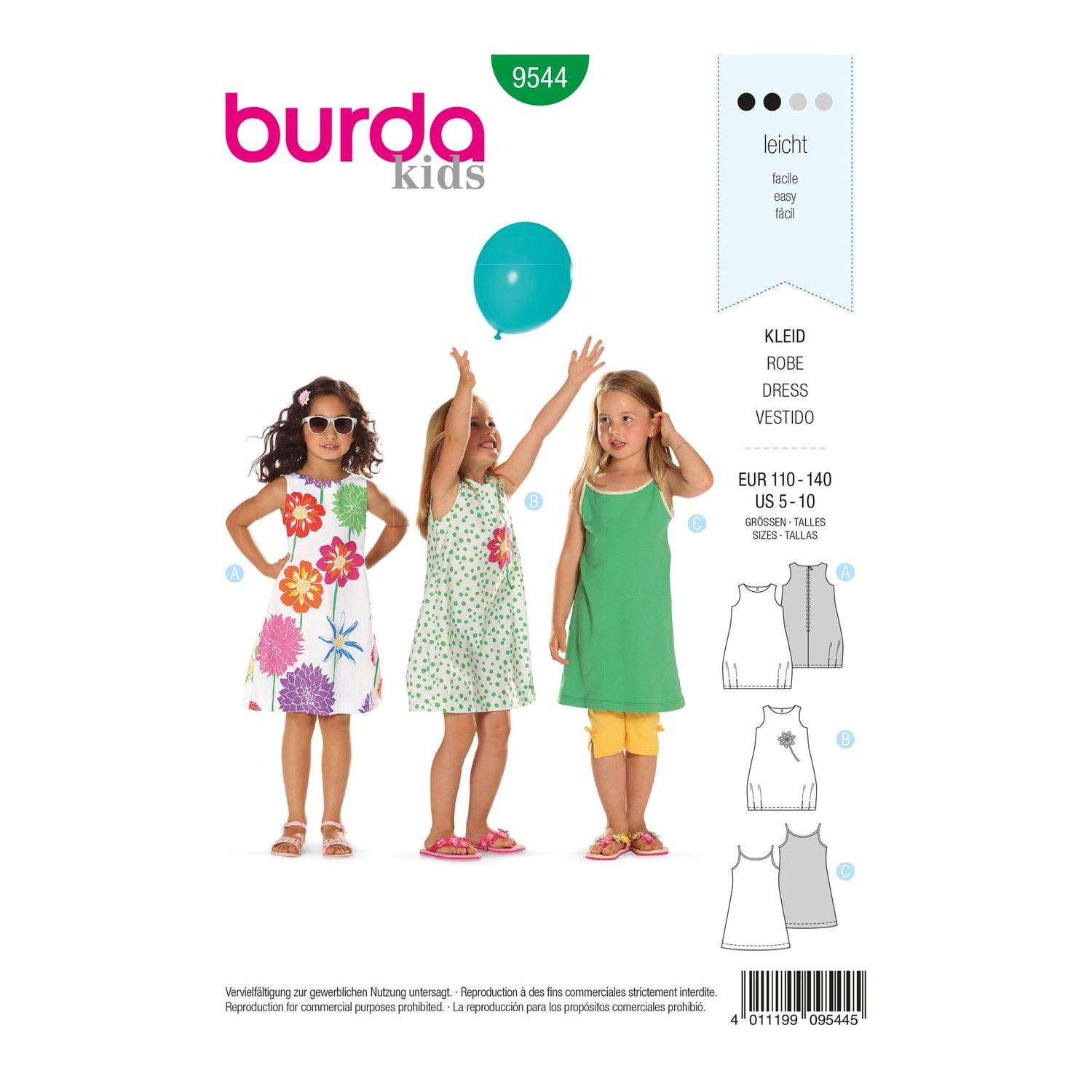 burda style Schnittmuster 9544: Ballonkleid und Jerseykleid, Vorderseite der Schnittmustertüte