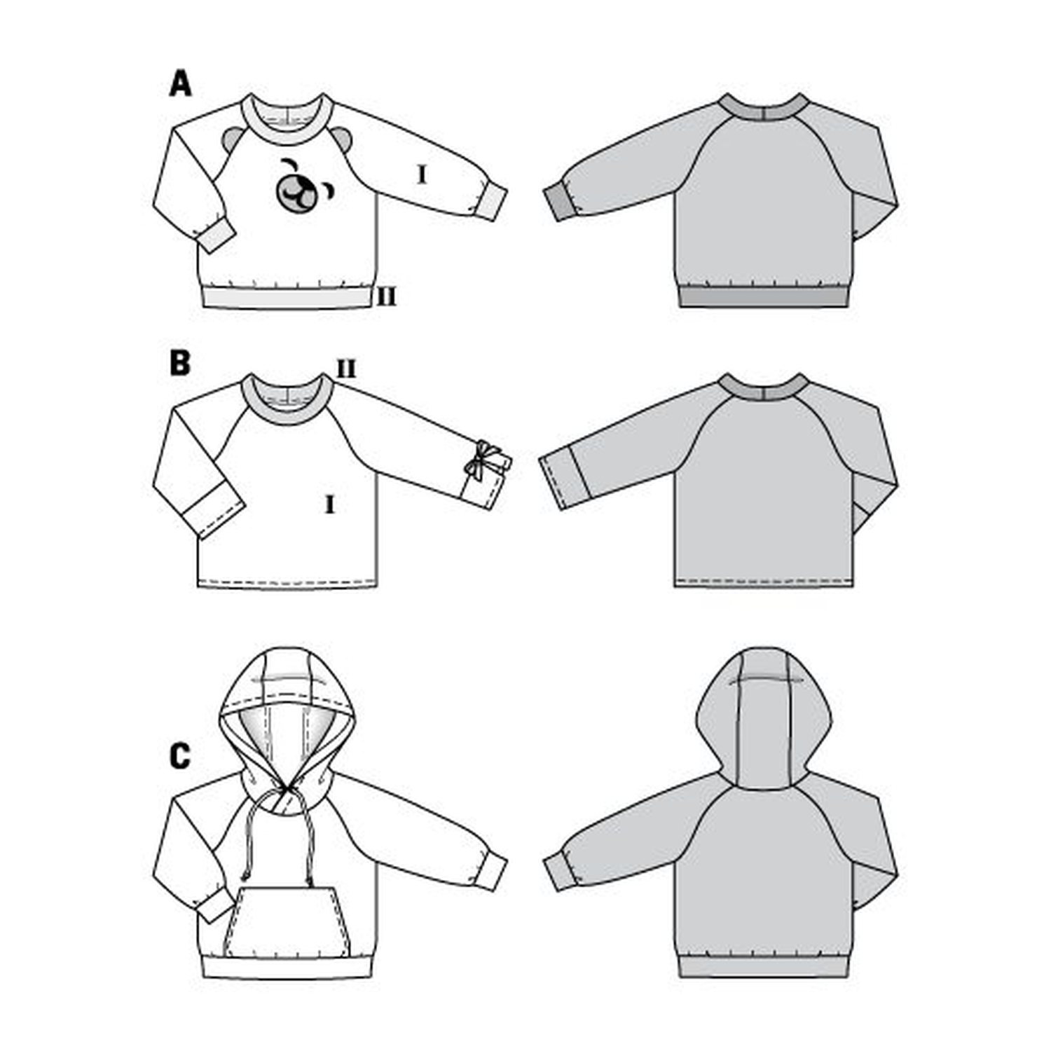 burda style Schnittmuster 9308: Sweatshirts und Hoodie, Technische Zeichnung