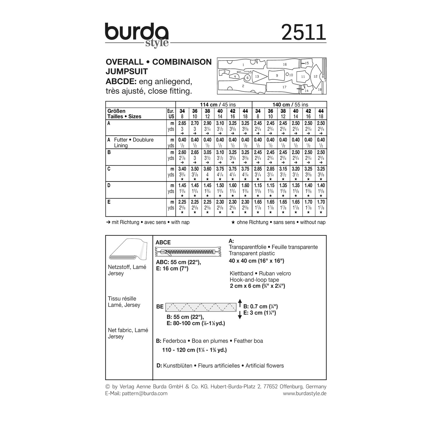 burda style Schnittmuster 2511: Kostüm-Overall für Damen, Rückseite der Schnittmustertüte mit Stoffverbrauch