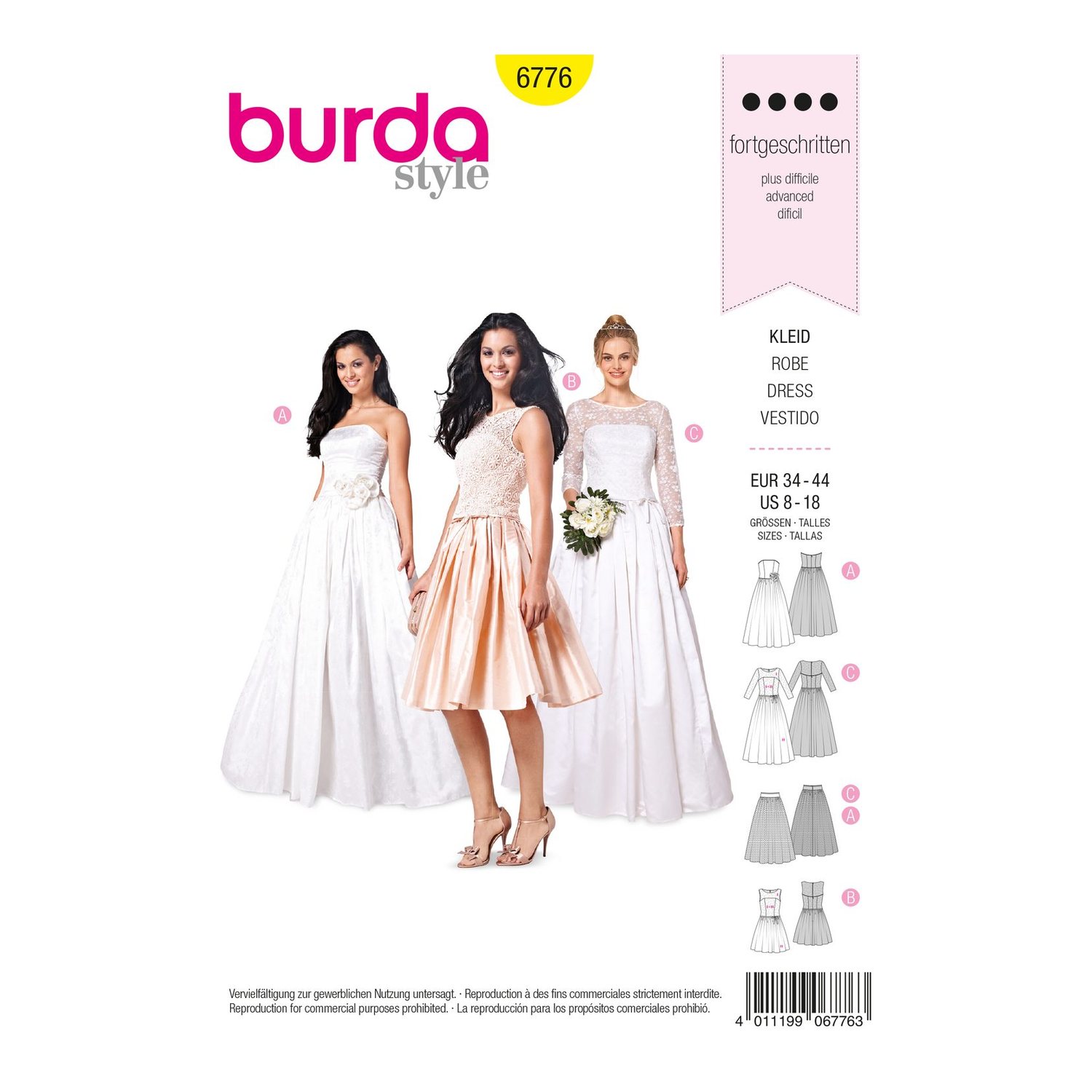 burda style Schnittmuster 6776: Brautkleid und Cocktailkleid, Vorderseite der Schnittmustertüte