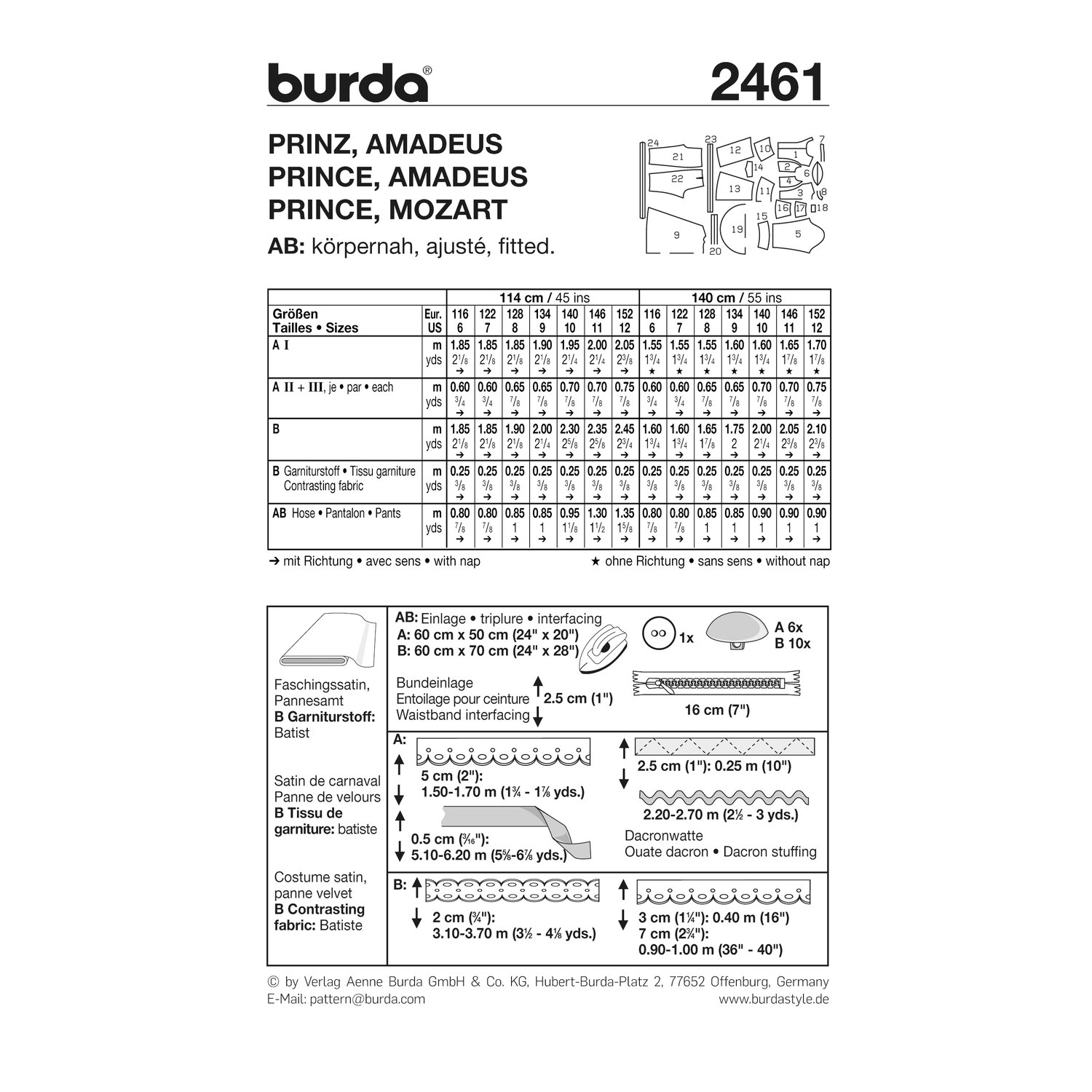 burda style Schnittmuster 2461: Kostüme Prinz und Mozart, Rückseite der Schnittmustertüte mit Stoffverbrauch