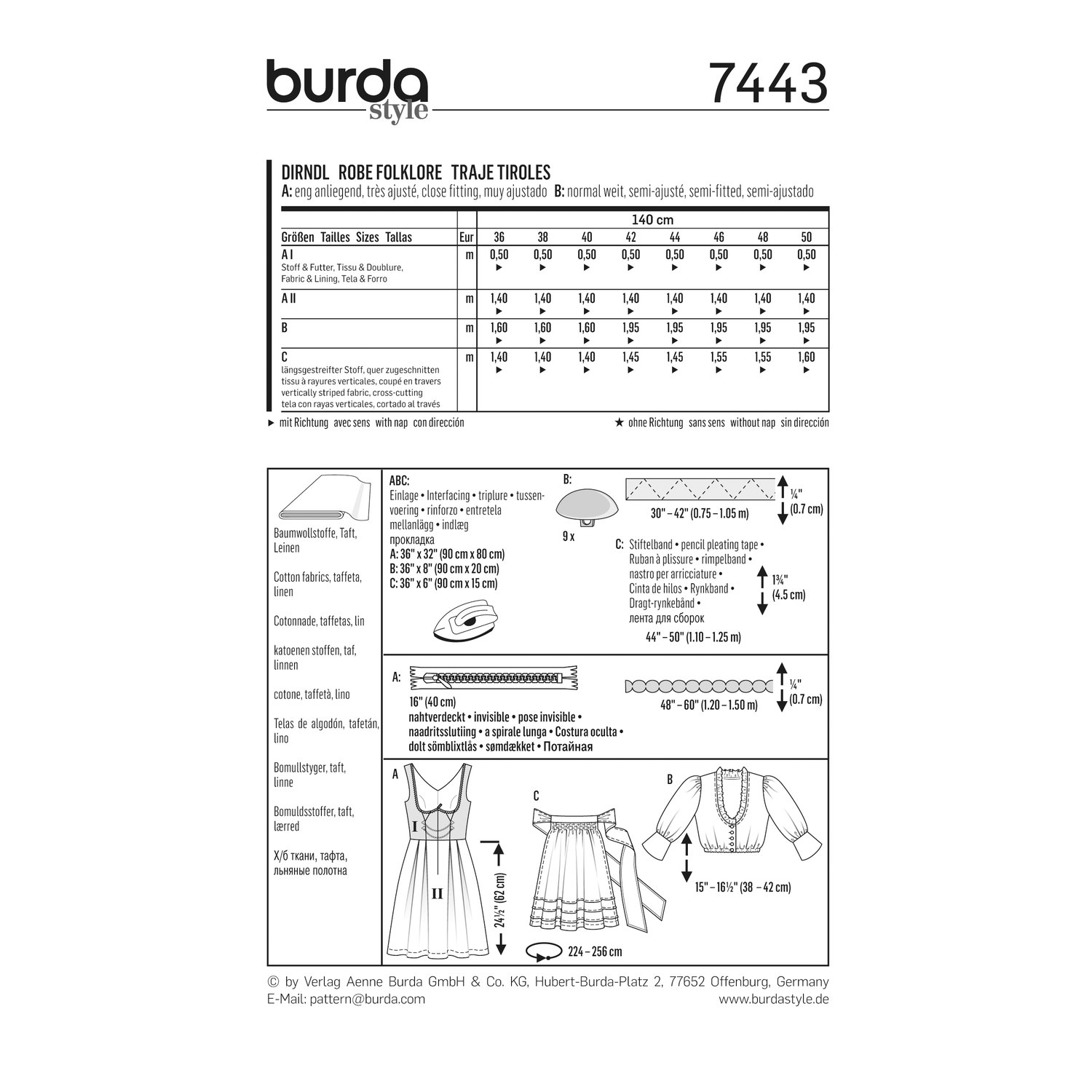burda style Schnittmuster 7443: Dirndl mit Bluse und Schürze, Rückseite der Schnittmustertüte mit Stoffverbrauch