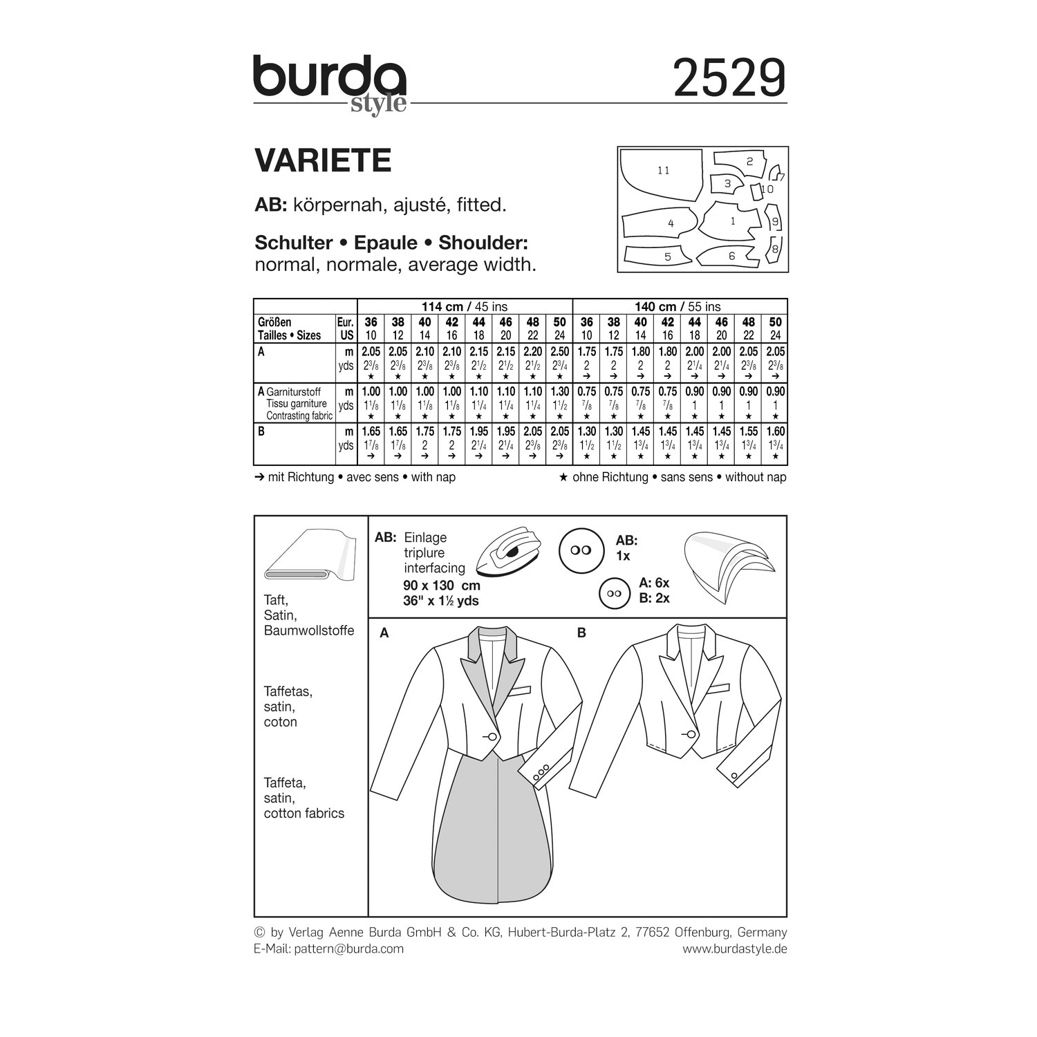 burda style Schnittmuster 2529: Varieté-Jacken für Damen, Rückseite der Schnittmustertüte mit Stoffverbrauch