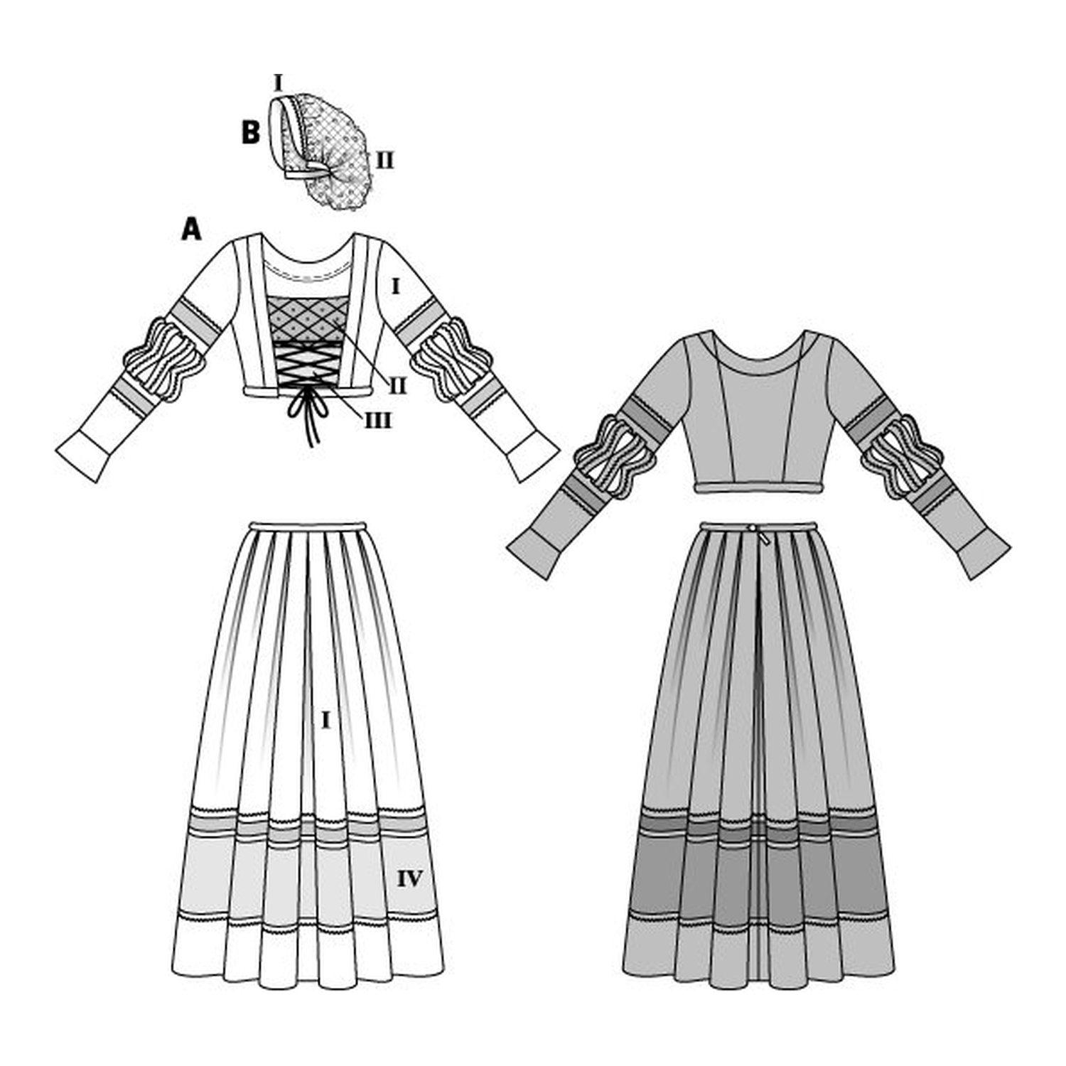 burda style Schnittmuster 7171: Renaissancekleid mit Haarnetz, Technische Zeichnung
