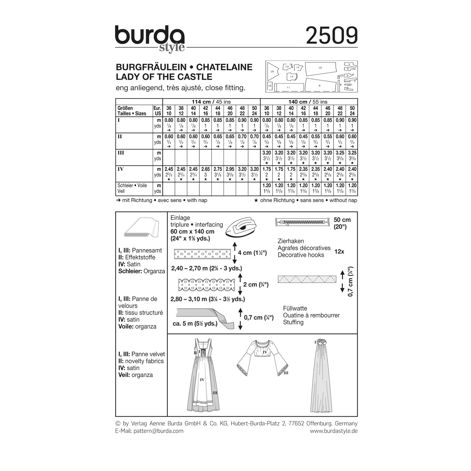 burda style Schnittmuster 2509: Burgfräulein-Kleid mit Schürze, Rückseite der Schnittmustertüte mit Stoffverbrauch