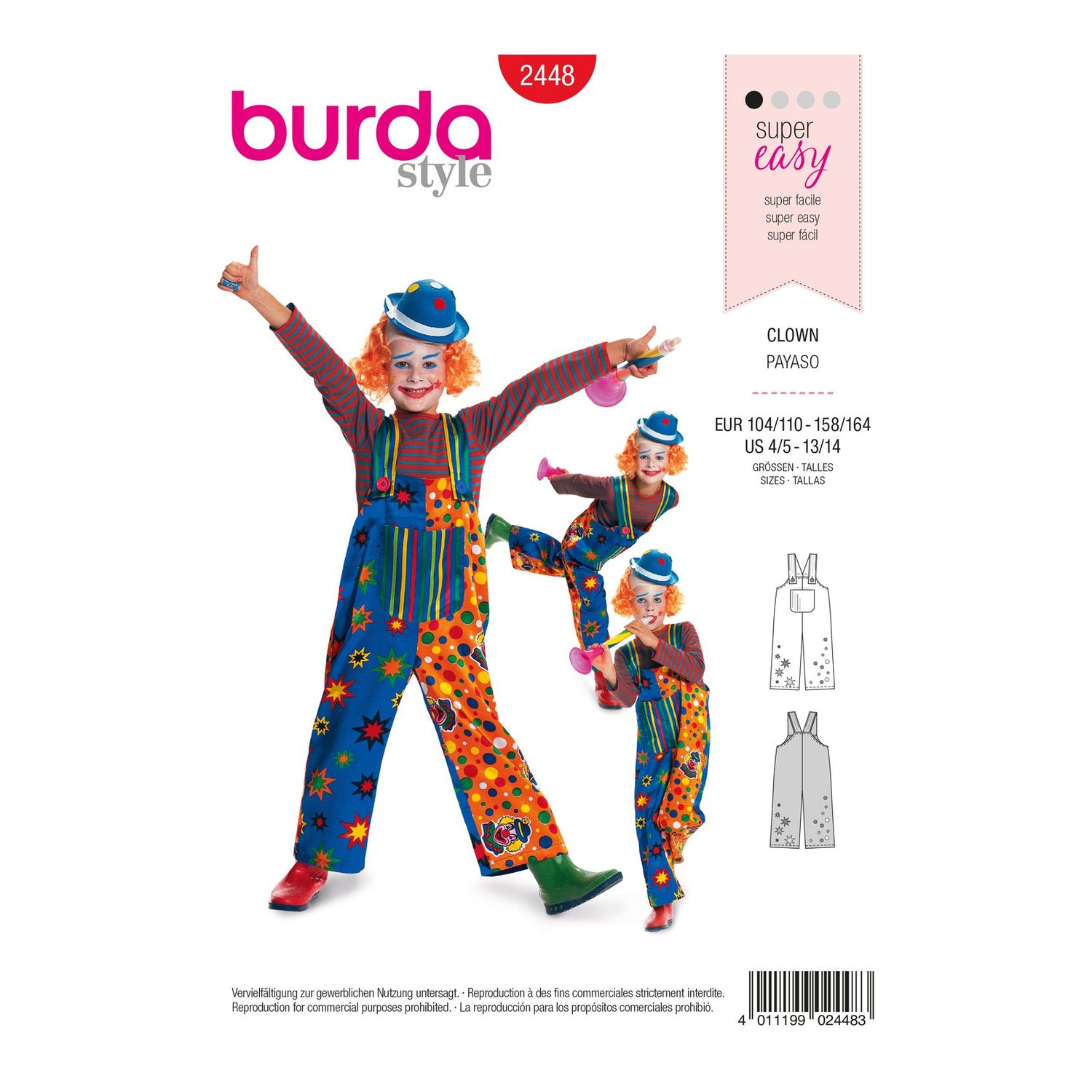 burda style Schnittmuster 2448: Clownshose mit Trägern für Kinder, Vorderseite der Schnittmustertüte