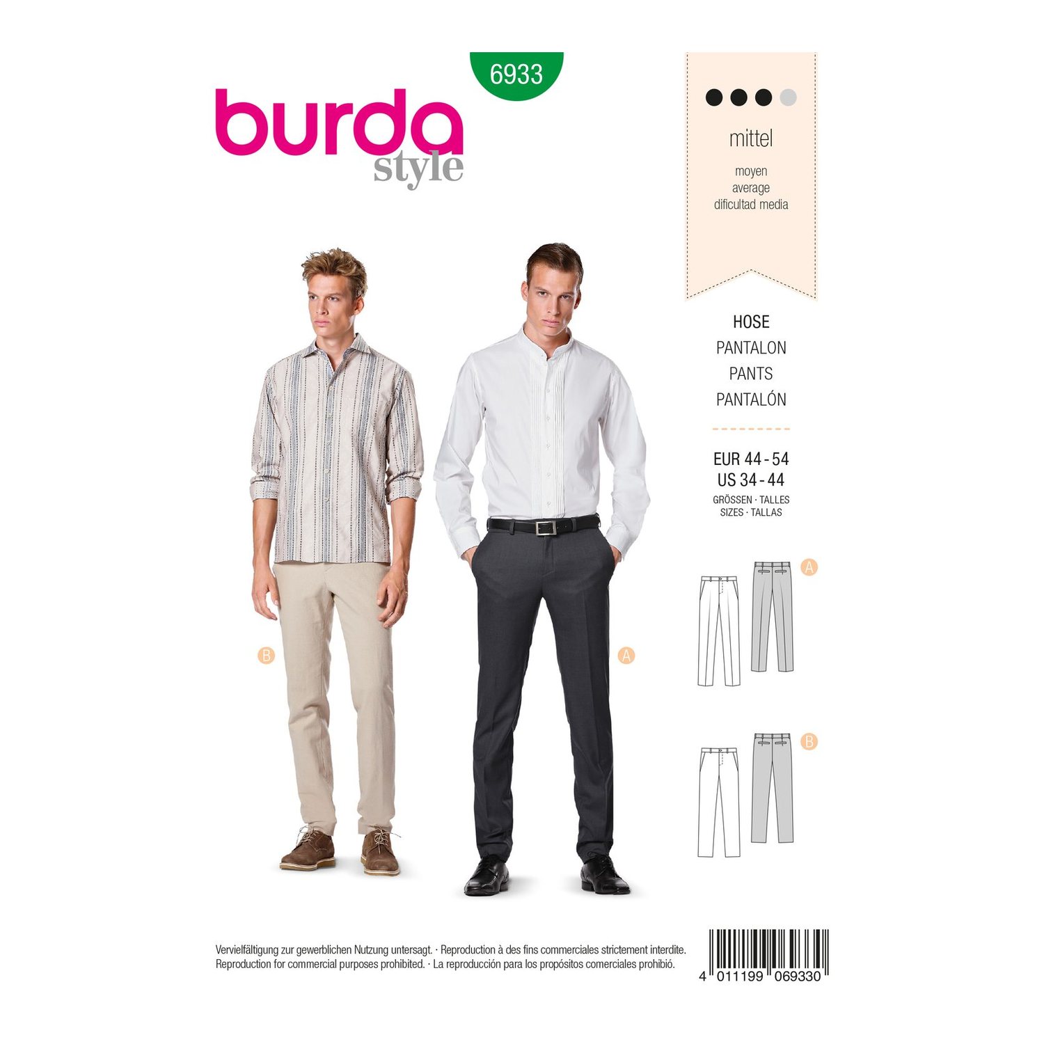 burda style Schnittmuster 6933: Hose für Herren, Vorderseite der Schnittmustertüte