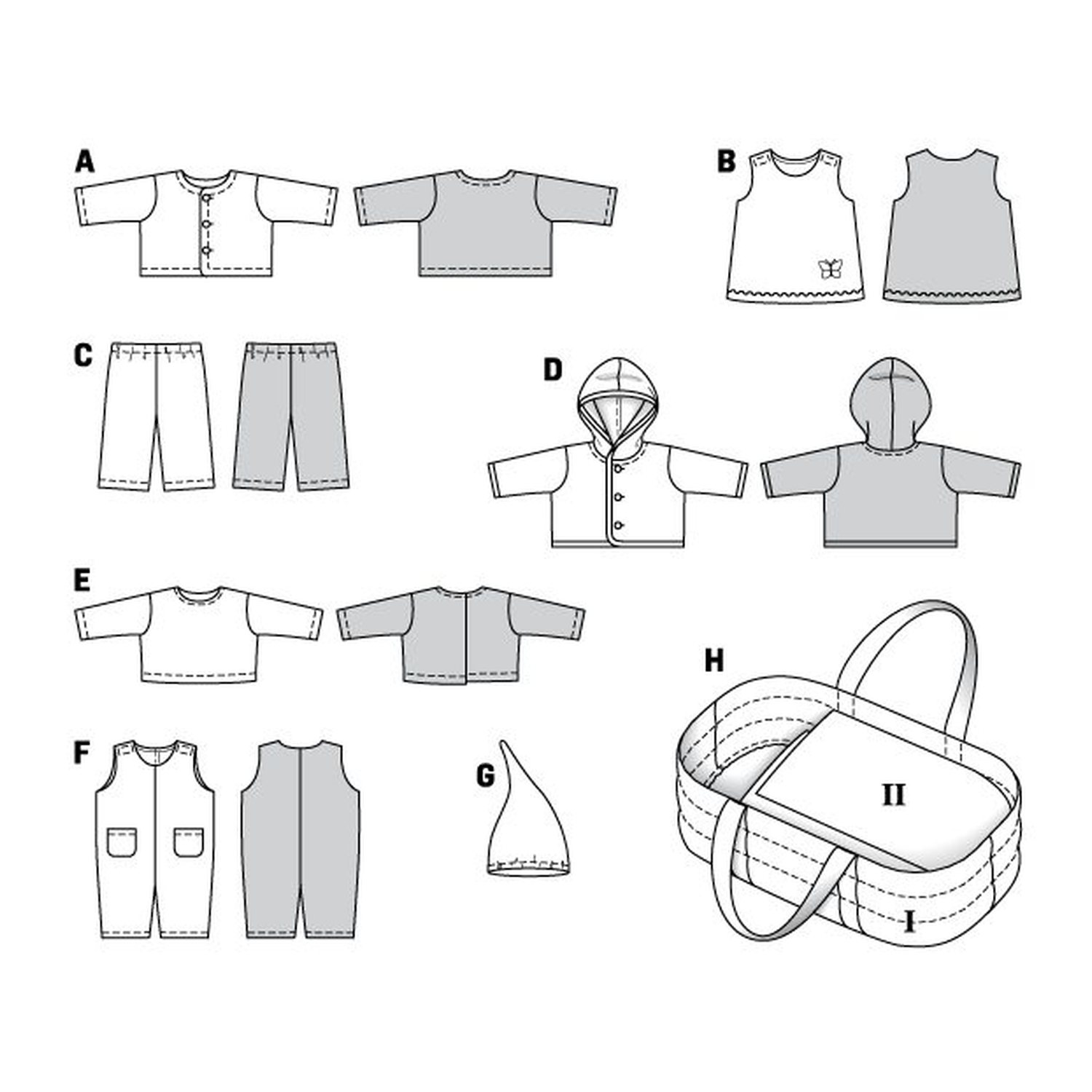 burda style Schnittmuster 8591: Puppenkleidung mit Tragetasche, Technische Zeichnung