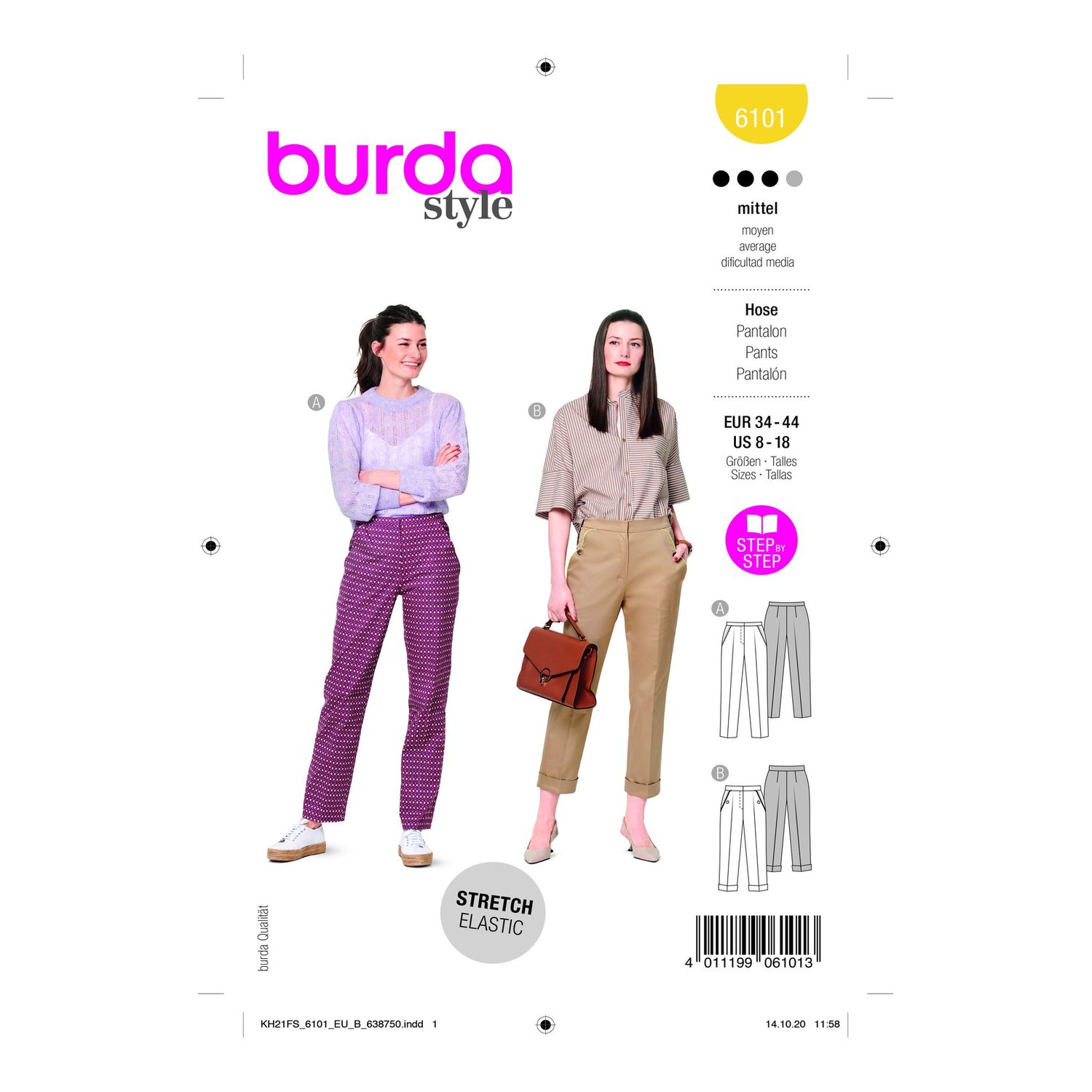burda style Schnittmuster 6101: Stoffhose mit Bügelfalte, Vorderseite der Schnittmustertüte