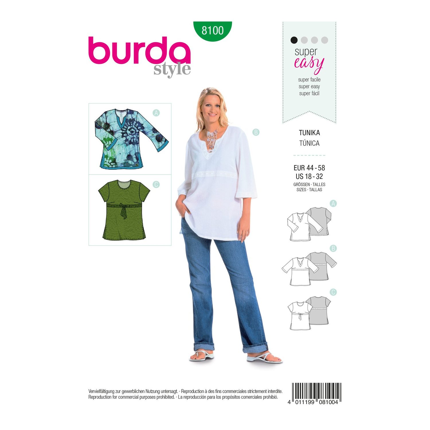 burda style Schnittmuster 8100: Tunika mit Bortenverzierung, Vorderseite der Schnittmustertüte