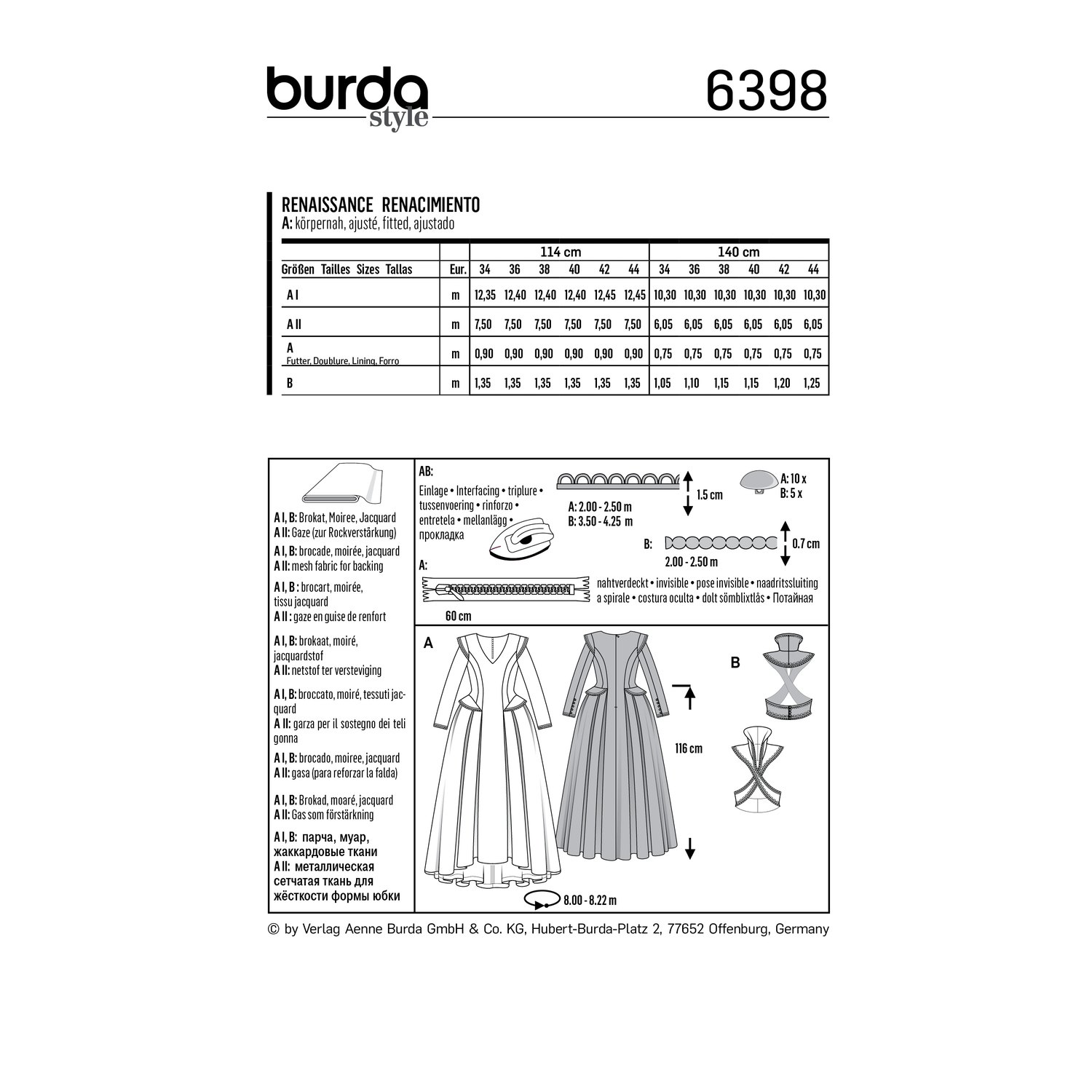 burda style Schnittmuster 6398: Renaissance-Kleid mit Korsage, Rückseite der Schnittmustertüte mit Stoffverbrauch
