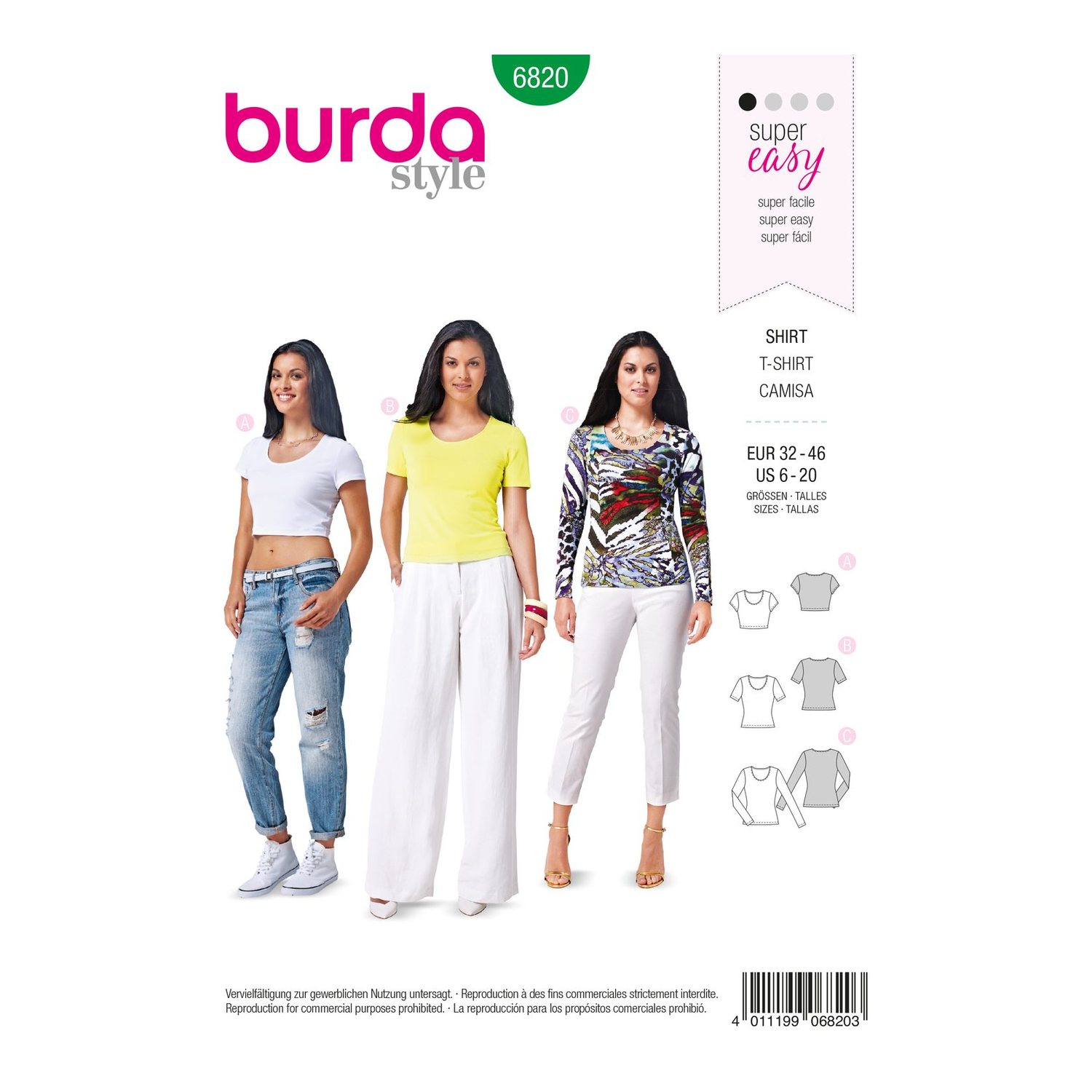 burda style Schnittmuster 6820: Tailliertes Jerseyshirt, Vorderseite der Schnittmustertüte