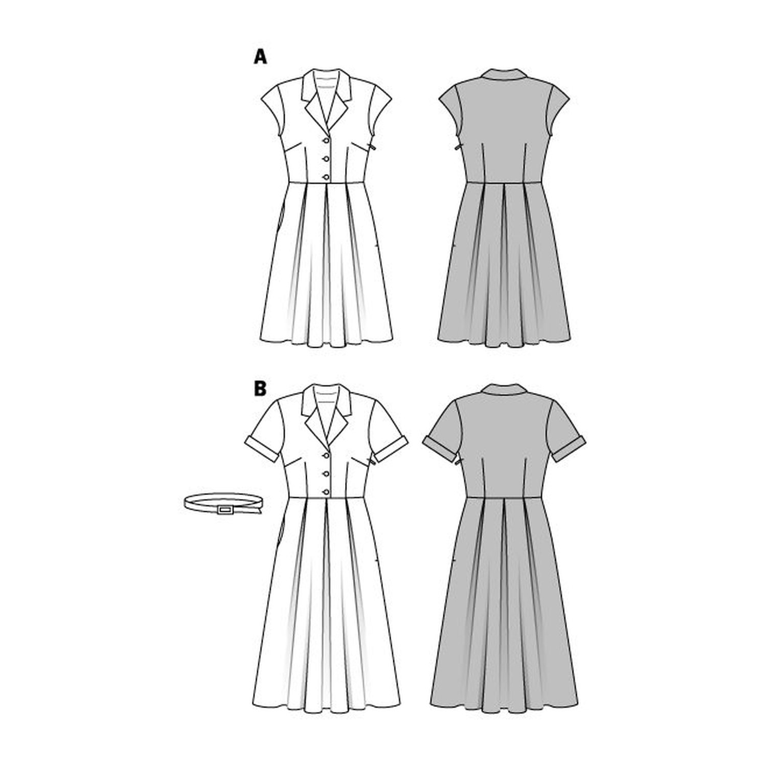 burda style Schnittmuster 6520: Hemdblusenkleid mit weitem Rock, Technische Zeichnung