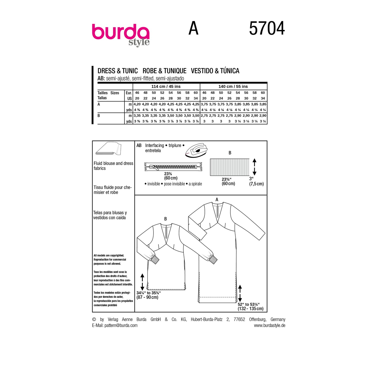 burda style Schnittmuster 5704: Maxikleid und Tunika, Rückseite der Schnittmustertüte mit Stoffverbrauch