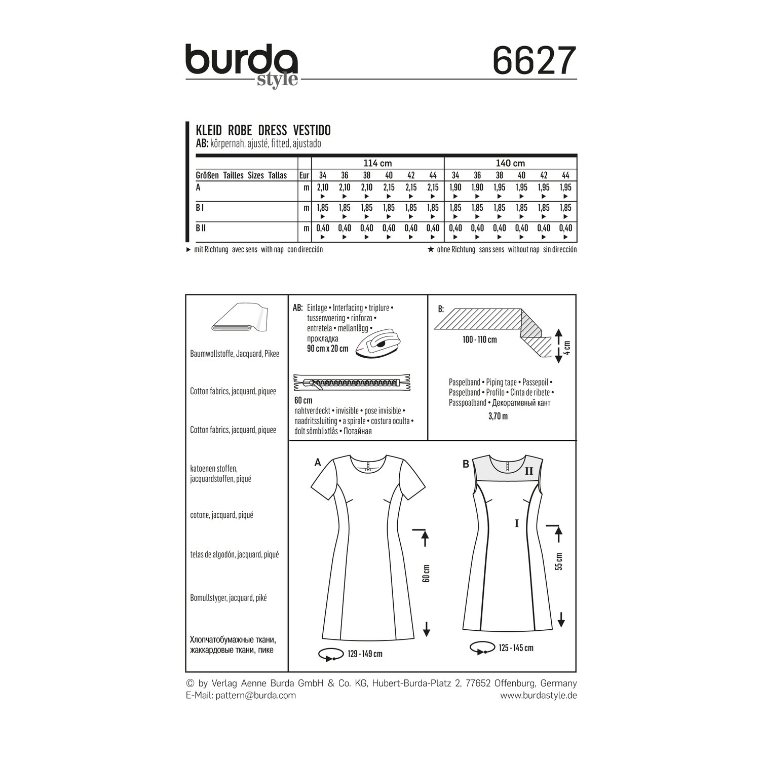 burda style Schnittmuster 6627: Kleid mit Teilungsnähten und Passe, Rückseite der Schnittmustertüte mit Stoffverbrauch