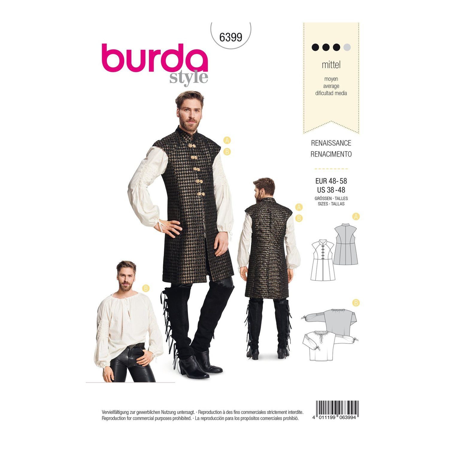burda style Schnittmuster 6399: Renaissance-Wams und Hemd für Herren, Vorderseite der Schnittmustertüte