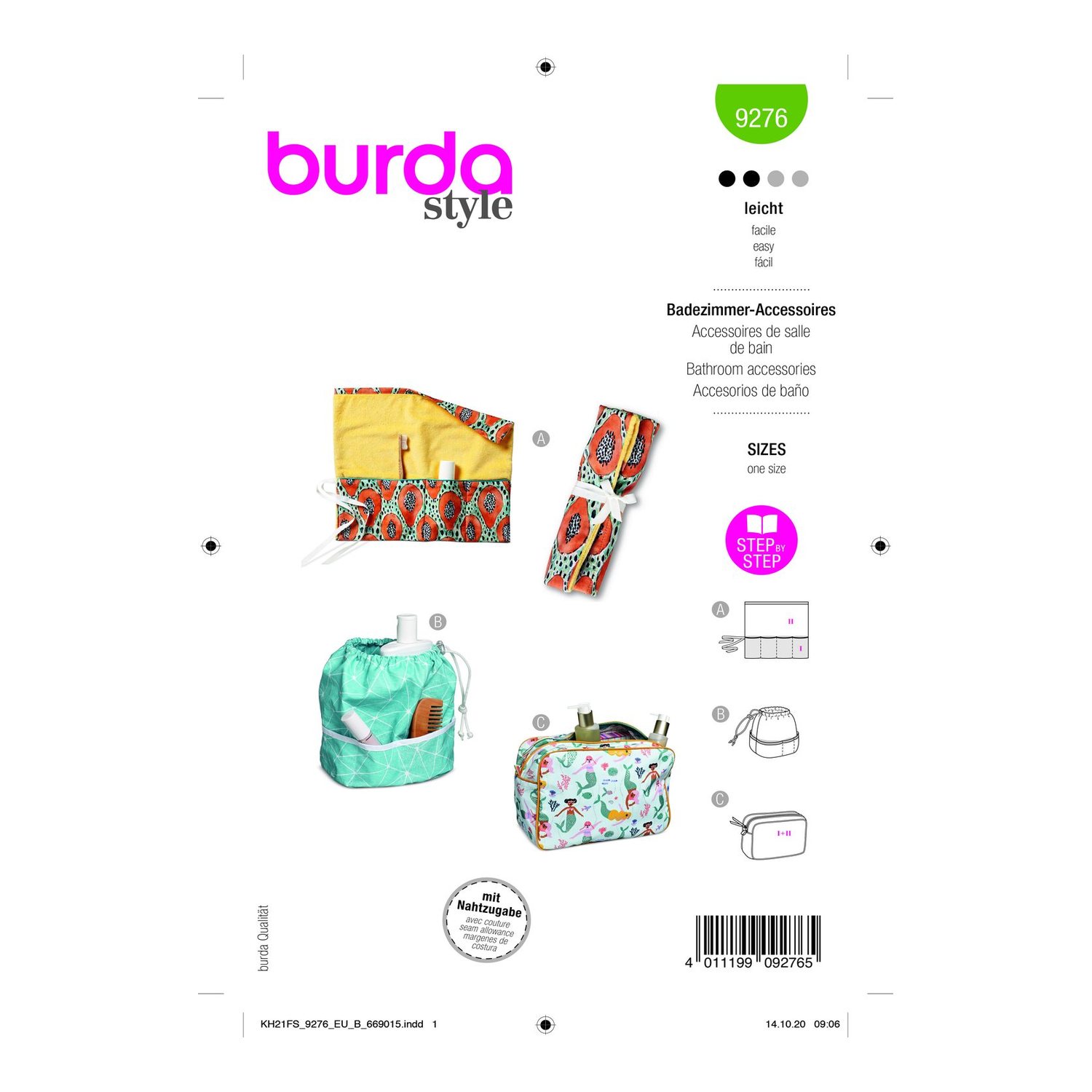 burda style Schnittmuster 9276: Wickelmappe, Beutel und Kulturtasche, Vorderseite der Schnittmustertüte
