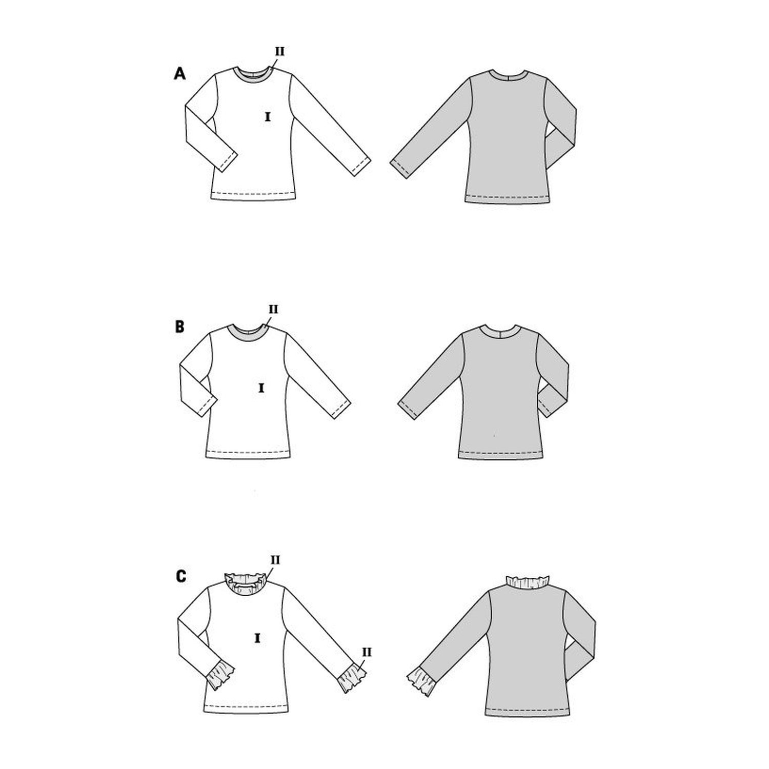 burda style Schnittmuster 5705: Jersey-Shirts mit Kragen und Rüschen, Technische Zeichnung