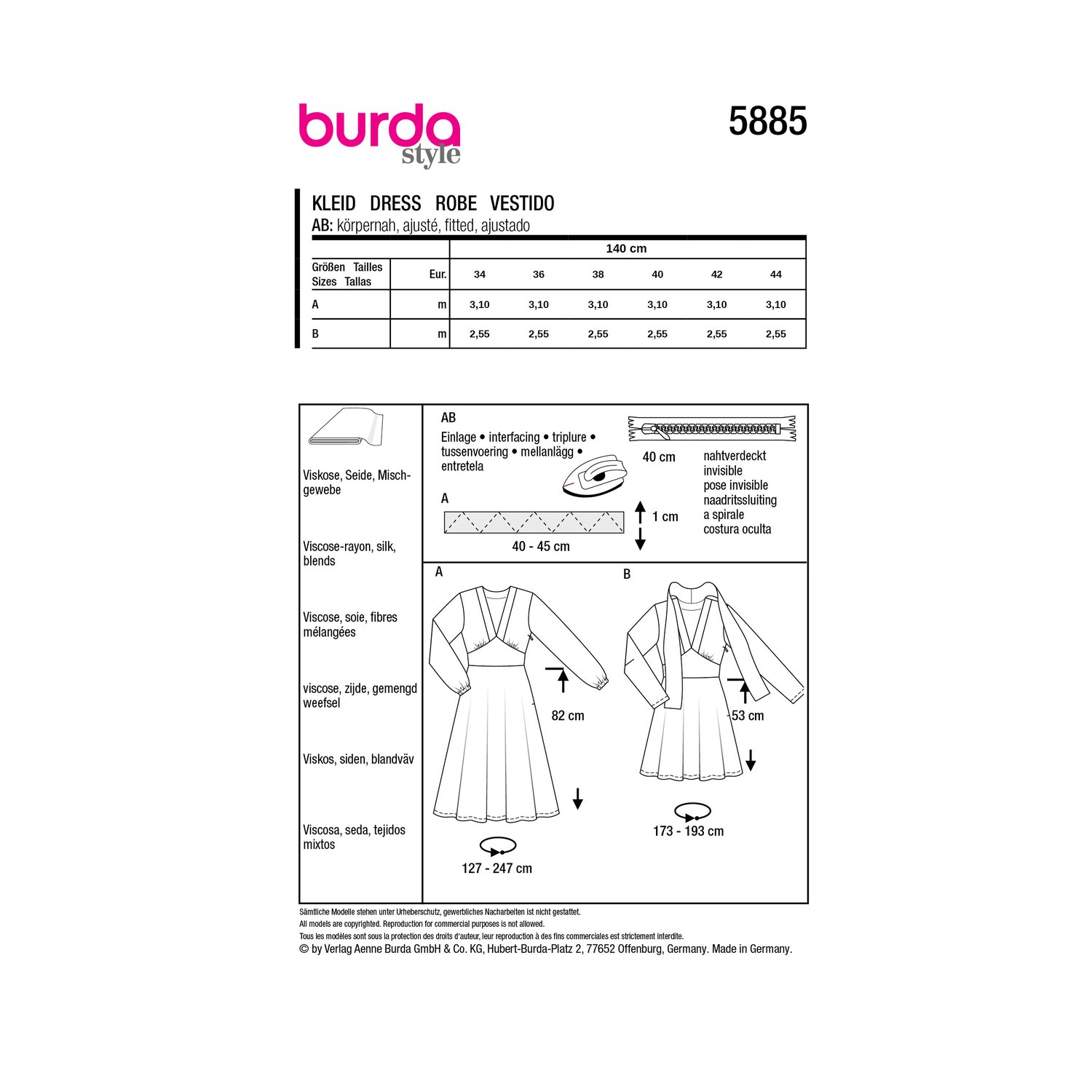 burda style Schnittmuster 5885: Kleid mit V-Ausschnitt und Taillenblende, Rückseite der Schnittmustertüte mit Stoffverbrauch