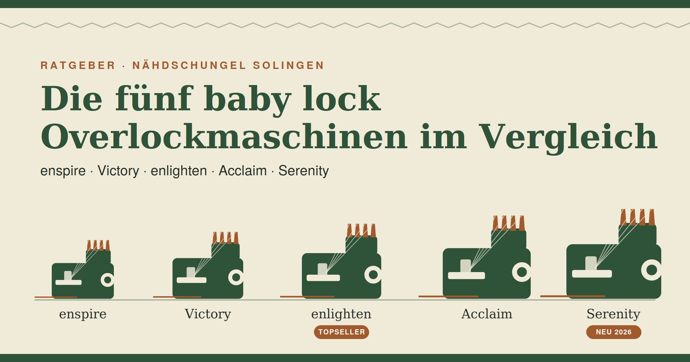 Die fünf baby lock Overlockmaschinen im Vergleich: enspire, Victory, enlighten, Acclaim, Serenity