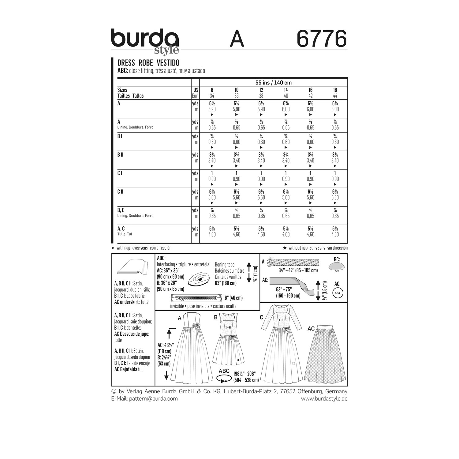 burda style Schnittmuster 6776: Brautkleid und Cocktailkleid, Rückseite der Schnittmustertüte mit Stoffverbrauch