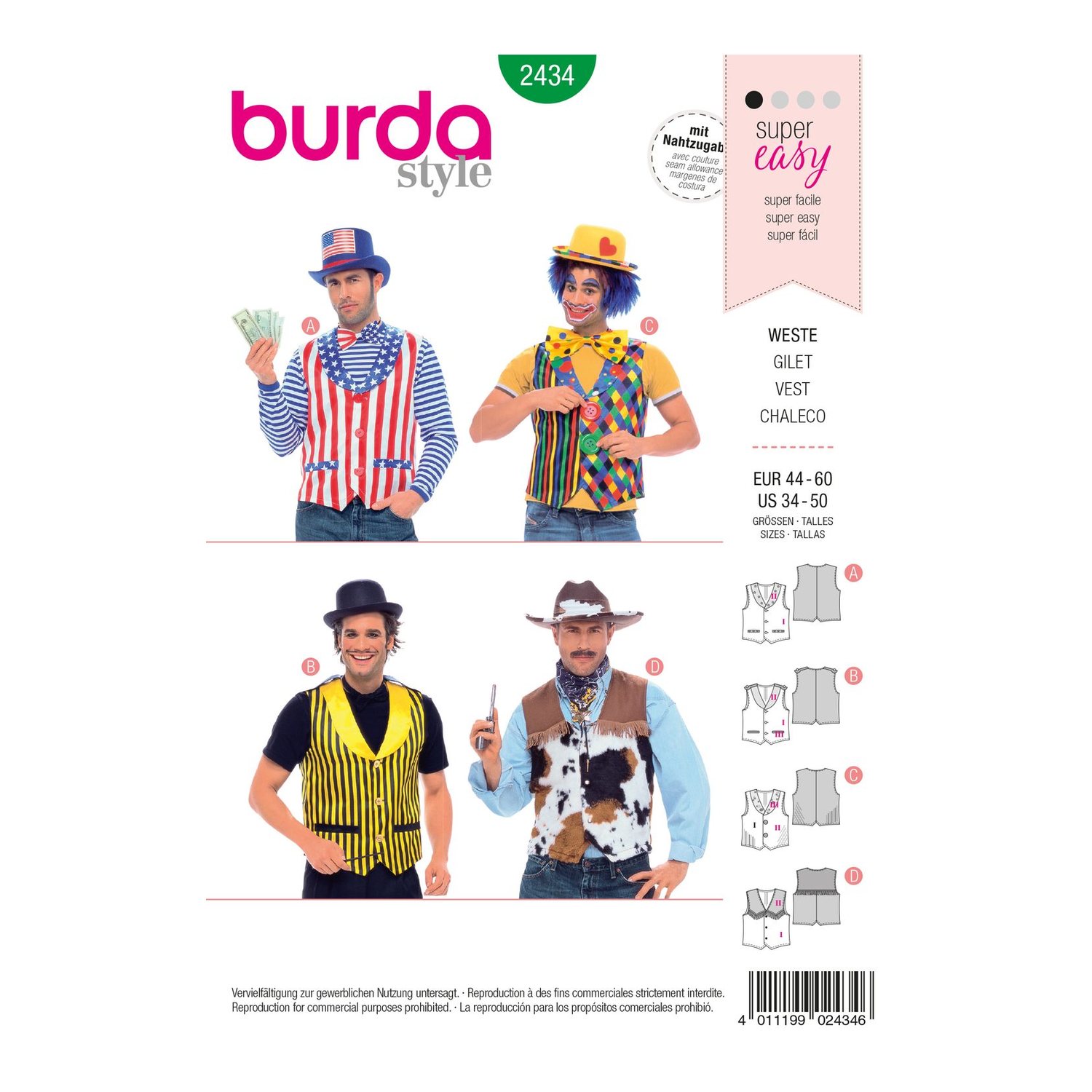 burda style Schnittmuster 2434: Kostümweste als Basisschnitt, Vorderseite der Schnittmustertüte