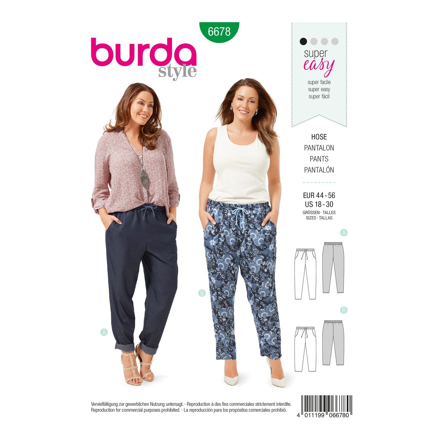 burda style Schnittmuster 6678: Bequeme Hose mit Tunnelbund, Vorderseite der Schnittmustertüte