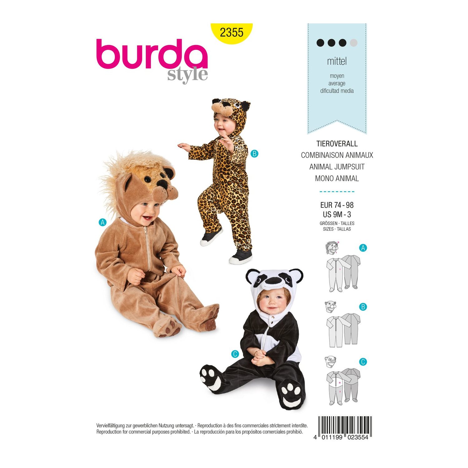 burda style Schnittmuster 2355: Tieroveralls für Babys und Kleinkinder, Vorderseite der Schnittmustertüte