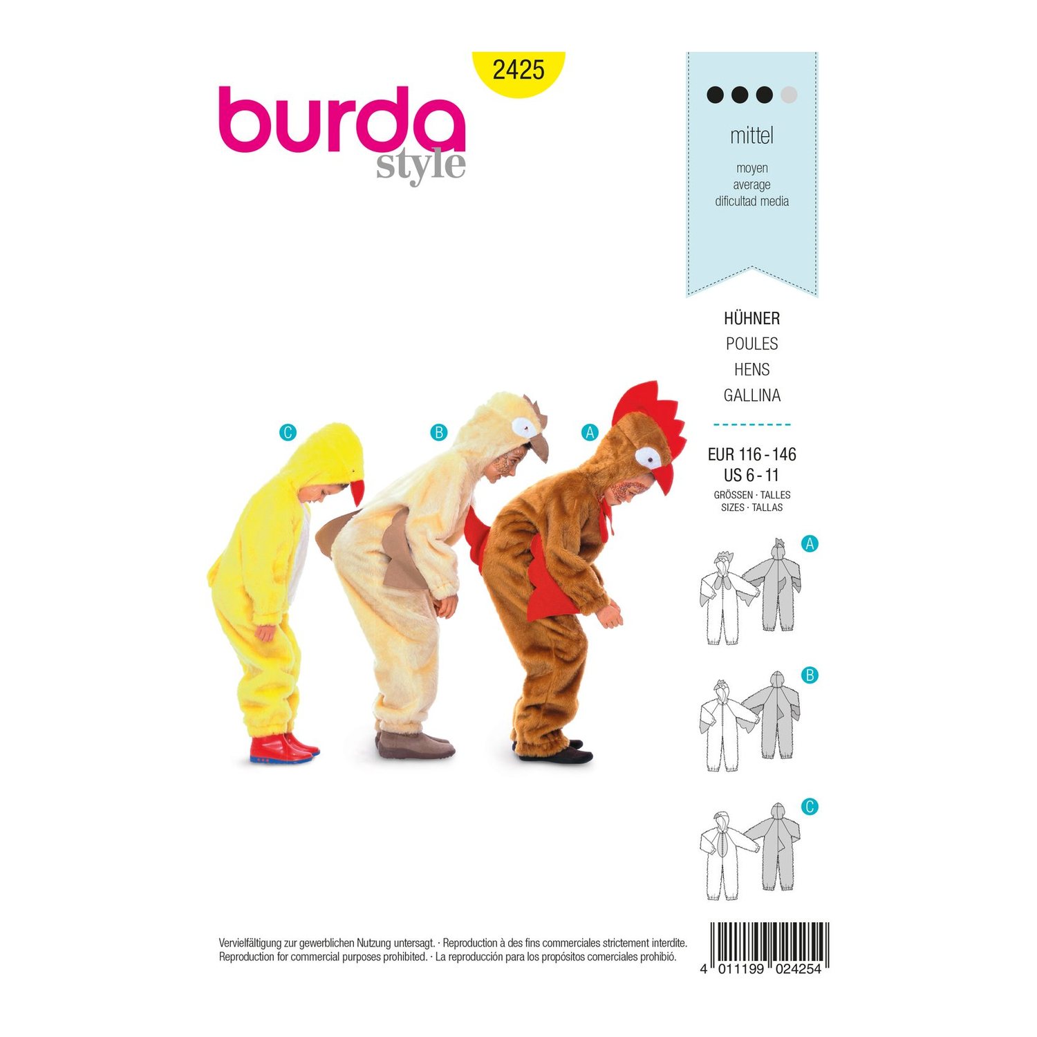 burda style Schnittmuster 2425: Kostüme Hahn, Huhn und Küken, Vorderseite der Schnittmustertüte