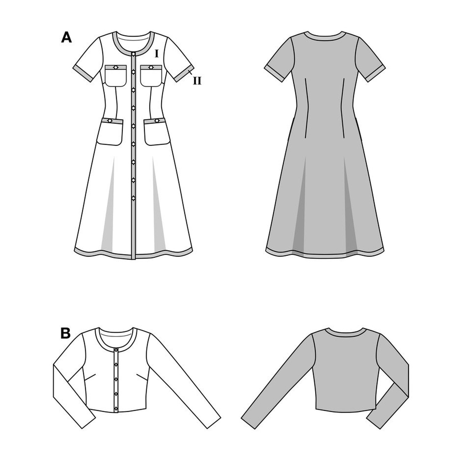burda style Schnittmuster 5652: Strickkleid und kurze Strickjacke, Technische Zeichnung