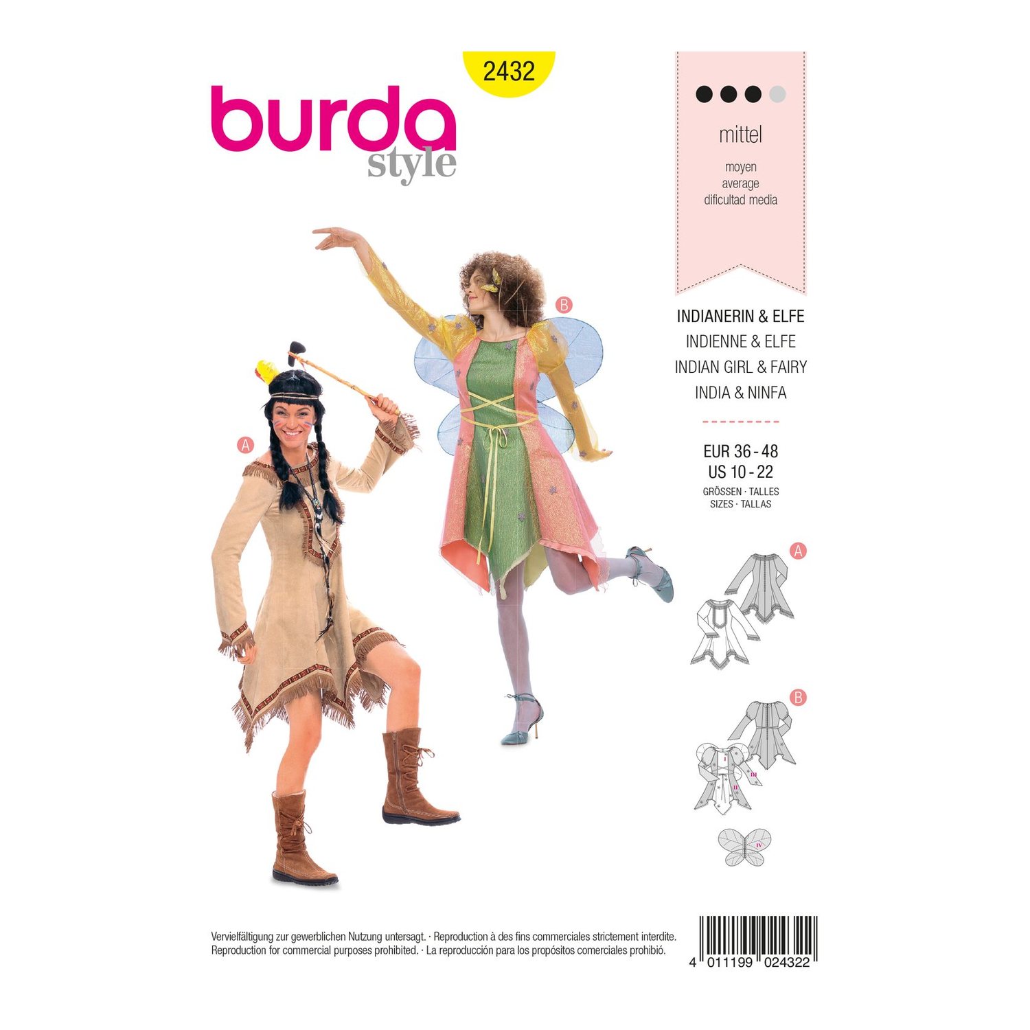 burda style Schnittmuster 2432: Kostümkleider Indianerin und Elfe, Vorderseite der Schnittmustertüte